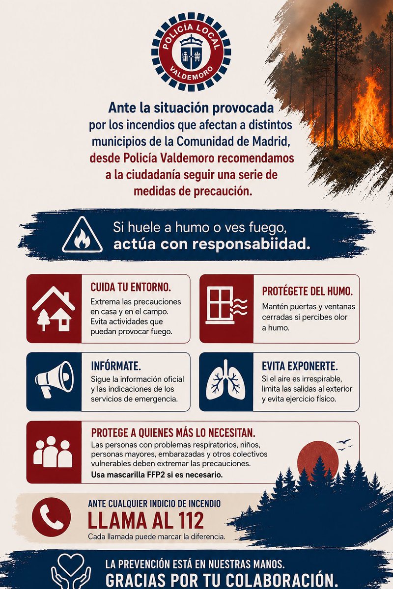policiavaldmoro's tweet photo. ⚠️ Ante la presencia de humo procedente de los incendios en la #ComunidadMadrid, recomendamos:
🏠Cierra puertas y ventanas si percibes olor a humo
🚶Limita las salidas y evita ejercicio al aire libre
😷 Si eres población vulnerable, usa FFP2
ℹ️ Sigue siempre información oficial https://t.co/izou1ODnns
