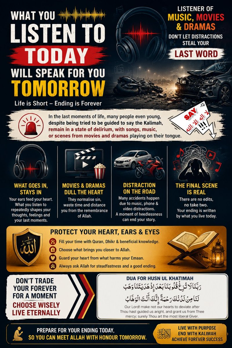 AdFawwad's tweet photo. What you listen to #today will speak for you #tomorrow.
#Life is short - Ending is #Forever!
Don't let #distraction steal your last word.
Don't trade your forever for a moment.
Choose Wisely. Live Eternally.
#islam https://t.co/Lr0EWrUzNN