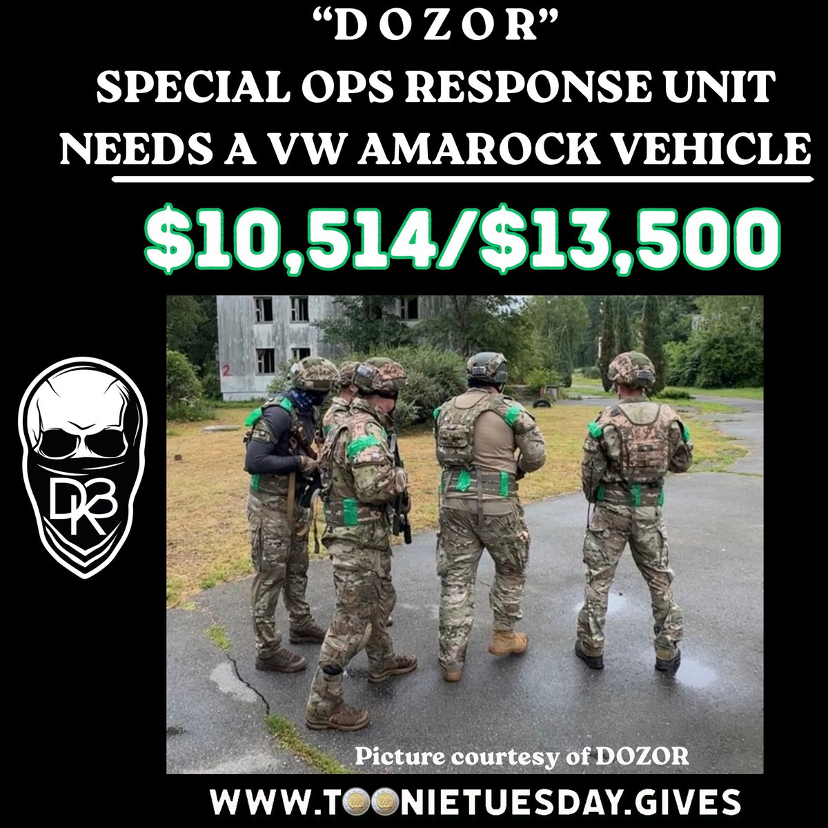 toonie_tuesday's tweet photo. 🔥 D O Z O R the Destroyer ☠️- $10,514 /  $13,500 - $2,986 to finish!

🚨 Do you ever wonder what D O Z O R does when they have any time off? They are issued replica weapons, then they put on special vests and helmets, and the exercises are run as simulated combat scenarios. They constantly practice tactics, communication, and coordination without using live ammunition.

They don’t stop, and we don’t stop. Thank YOU for being here with us.

PP: Bogdan.nelen@gmail.com (other $$ options in pinned post)

Check out @ky_painter  ‘s pinned post, a chance to win a portrait of your fella.