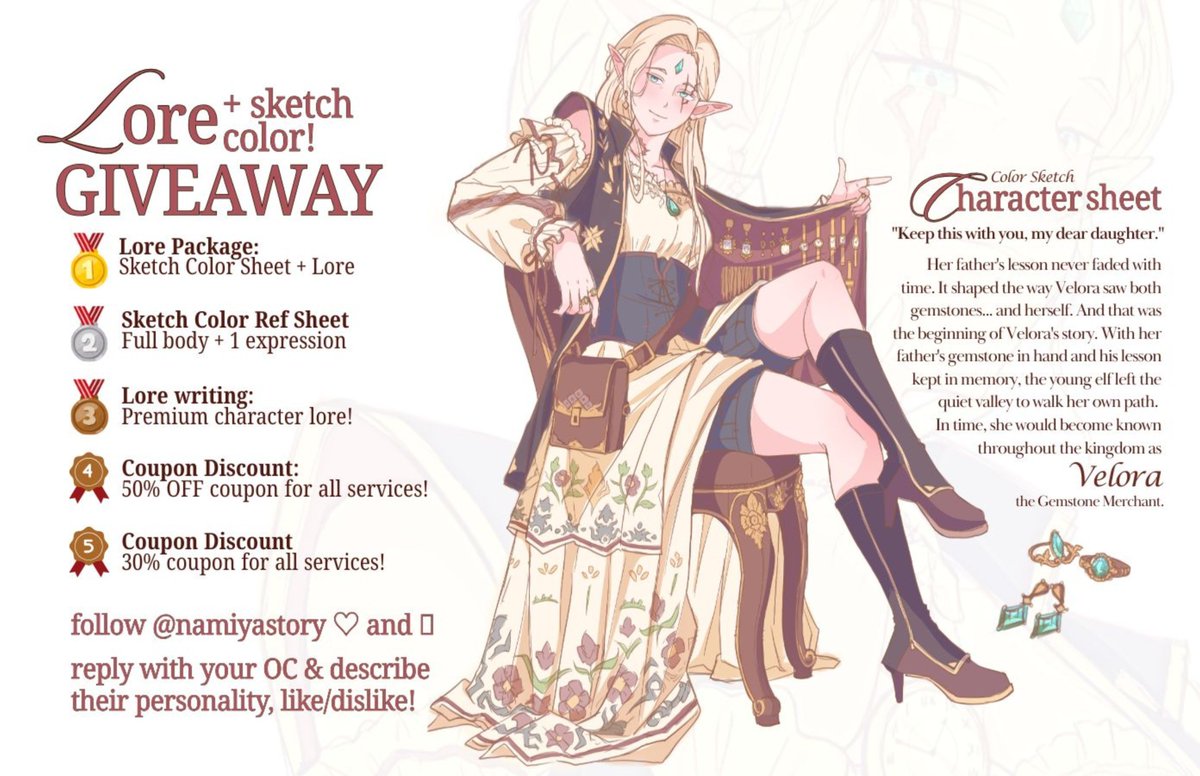 namiyastory's tweet photo. REF SHEET &amp; LORE GIVEAWAY!! 🎉🙌
5 winners (prizes below!) how to enter: 
• Reply with your OC + their personality
• like, RT &amp; Follow me too 🥰🫶

48 HOURS ONLY! Ends 27 July
Let’s have fun! SFW only
#artraffle #artgiveaway #artshare #artmoots #smallartists https://t.co/73VA0ip7LP