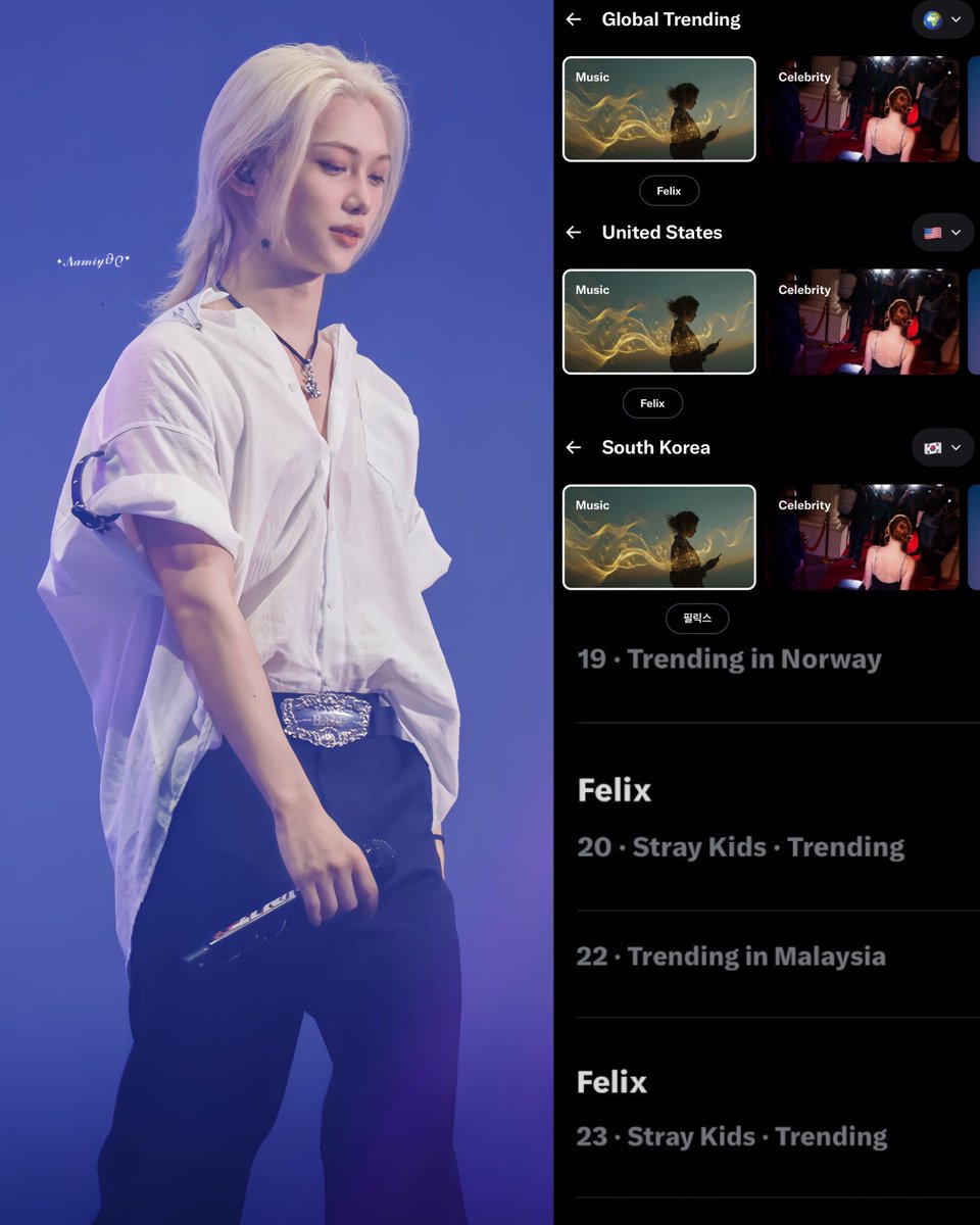 BbokRisma's tweet photo. #FELIX trended Globally, in the United States, and in South Korea in Twitter/X’s Music category, while also entering the platform’s main trending list in 2 countries following Day 1 of the <RUN IT SEOUL> concert today. https://t.co/muLAeviS62