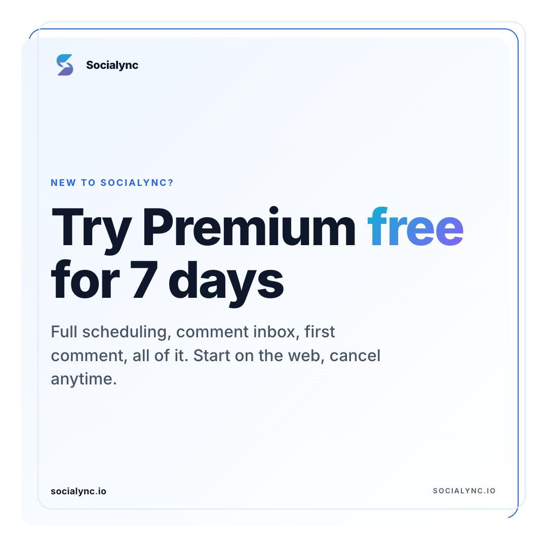 Socialync_io's tweet photo. Every Premium feature, free for 7 days. Start on the web, connect your platforms, schedule your first week, and see how it feels. #freetrial #socialync #socialmediatools #schedulingtool #contentcreator https://t.co/U7bkKREpmV