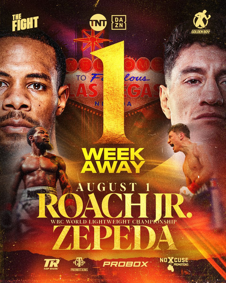 GoldenBoyBoxing's tweet photo. ๐๐๐ ๐๐๐๐ ๐๐๐๐! โณ
The wait is almost over. Lamont Roach Jr. vs. William Zepeda for the WBC Lightweight World Title! ๐๐ฅ
๐๐๐๐ ๐๐๐๐: ๐Las Vegas
๐๏ธ: https://t.co/1iVNlCGwQy
#RoachJrZepeda | LIVE on DAZN and TNT | Aug. 1 https://t.co/v3qVTQznsD