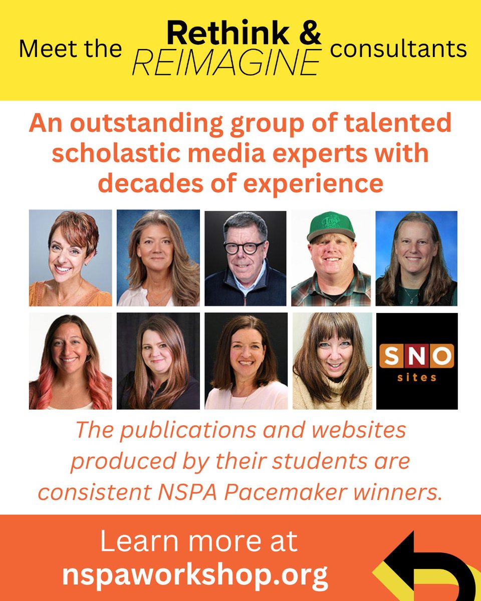 NSPA's tweet photo. Come learn from some of the best! The Rethink &amp; Reimagine consultants all have years of experience in scholastic media and the publications produced by their students are consistent NSPA Pacemaker winners. 

Join us Sept. 11–13 in Minneapolis: https://t.co/8Q4KoCve7N https://t.co/IiiqxhJ5PX