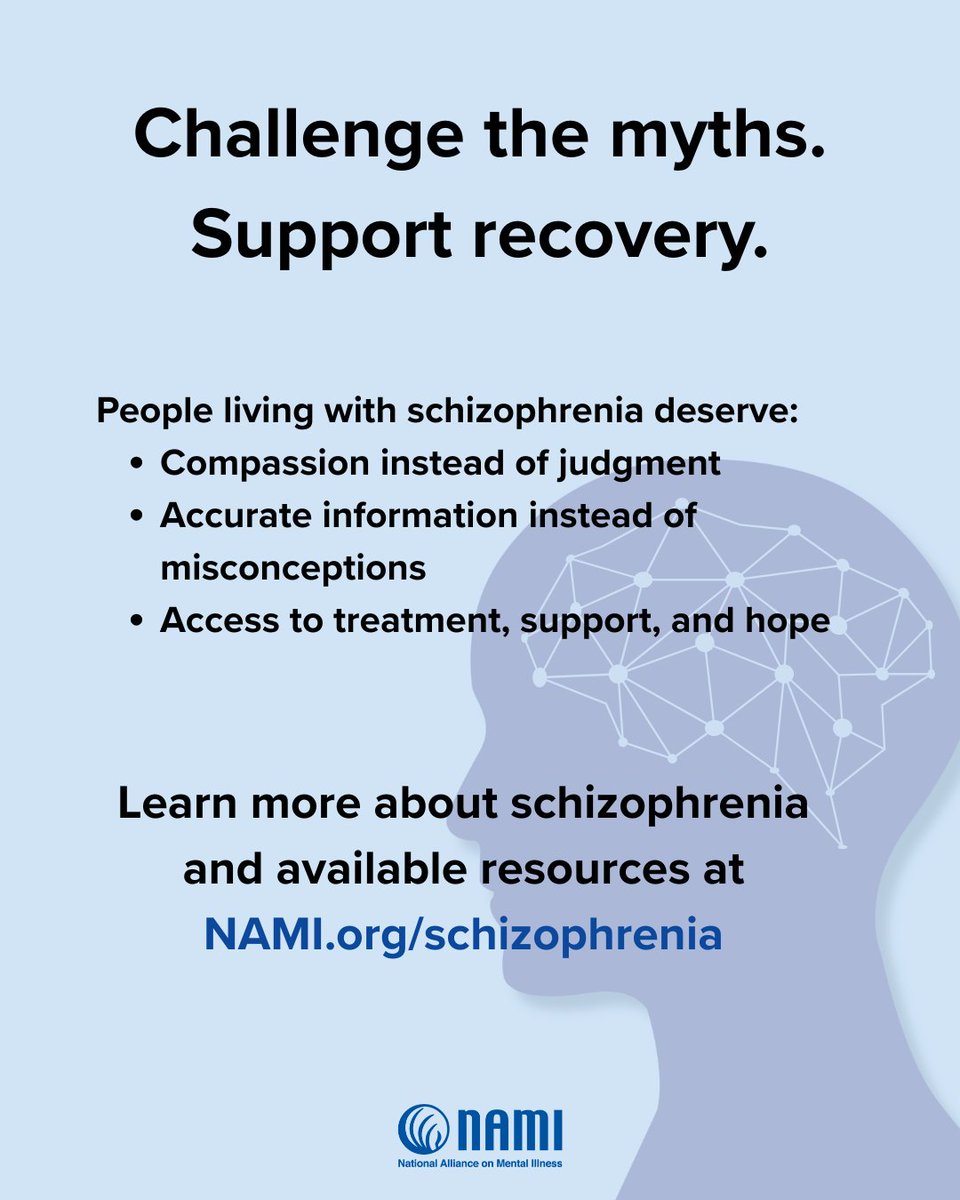 NAMICommunicate's tweet photo. Today, we’re taking the opportunity to raise awareness about schizophrenia and challenge common misconceptions about this serious mental illness.

Schizophrenia can manifest differently in every person and can be difficult to diagnose. With the right treatment and support, most people with schizophrenia can manage their symptoms and lead meaningful, full lives. 💙 

Learn more about schizophrenia and find tips for supporting loved ones at https://t.co/WJgf7oxsrz.