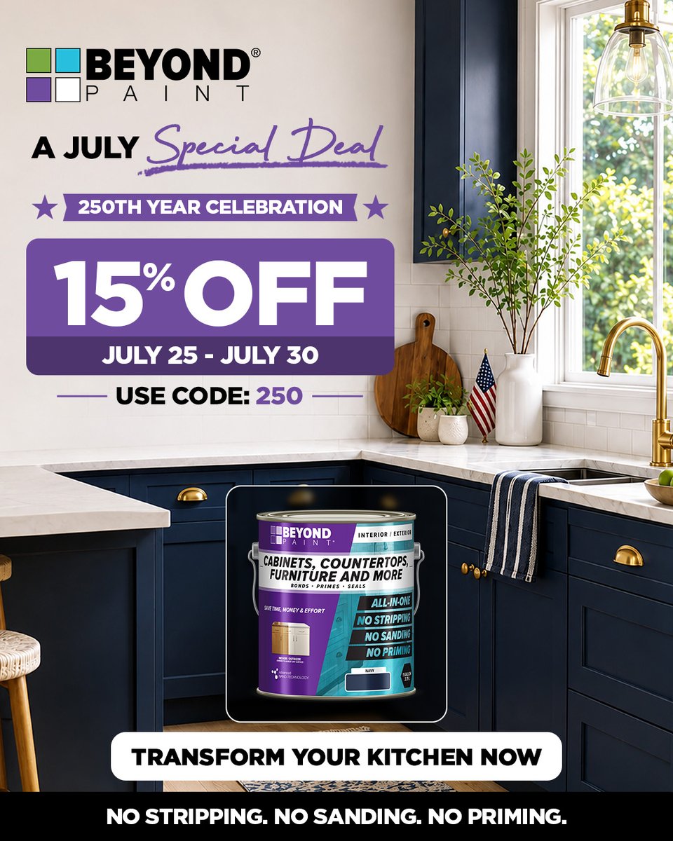 beyondpaintdiy's tweet photo. Now through July 30, save 15% on your next project with code 250. Shop now and start your next refresh!
.
.
.
#BeyondPaint #KitchenRefresh #CabinetMakeover #DIYHome #HomeProjects https://t.co/A7uwjfe8A6