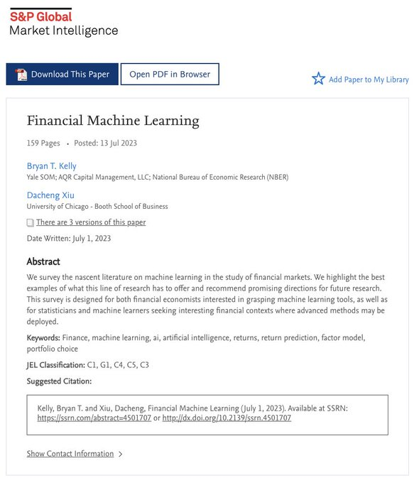 quantscience_'s tweet photo. 159 page PDF download. 

The best examples of how machine learning is used in finance and algorithmic trading.

Grab the paper here: https://t.co/PJzCRCiL5E