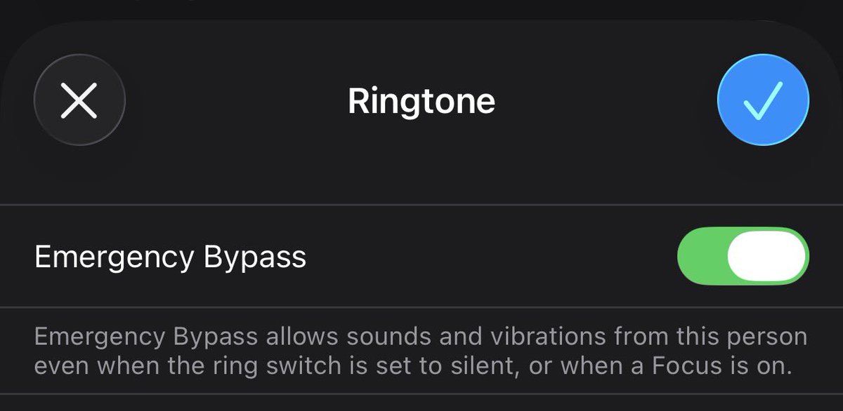 DumplinSiims's tweet photo. take this as your sign to turn on the emergency bypass setting for your family members. that means your phone will ring no matter what when they call. DND, silent, etc. none of that matters it will ring. it can save your or your family members life. 

the setting is under each individual contact under where you can select a specific ringtone for that contact.