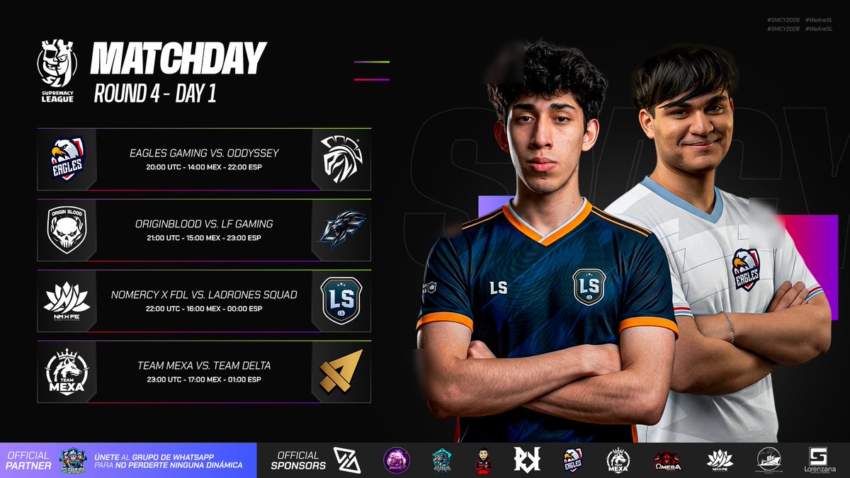 CR_Supremacy's tweet photo. ⚫️ 𝐌𝐀𝐓𝐂𝐇𝐃𝐀𝐘 - 𝐑𝐎𝐔𝐍𝐃 𝟒 - 𝐃𝐀𝐘 𝟏 ⚔️

⚡ ROUND 4 OF SUPREMACY LIGHTNING STARTS TODAY! 🏆🔥

The standings couldn’t be tighter, and every match counts. The smallest mistake could cost a team its place in the playoff race. 💥

🇬🇷 @EGeSportsCR 🆚 @Oddyssey_offcl 🇩🇪
⏰: 20:00 UTC - 14:00 🇲🇽 - 22:00 🇪🇸
📺🇪🇸: https://t.co/5k8UByR0Lb
📺🇪🇸: https://t.co/t5eMdpzYkv
🎙️🇪🇸: @elpana507xd

🇵🇪 @Originblood1 🆚 @lfgaming__ 🇩🇪
⏰: 21:00 UTC - 15:00 🇲🇽 - 23:00 🇪🇸
📺🇪🇸: https://t.co/5k8UByR0Lb
📺🇪🇸: https://t.co/t5eMdpzYkv
🎙️🇪🇸: @elpana507xd

🇦🇷 @NoMercyGG__ 🆚 @LadronesSquad 🇨🇱
⏰: 22:00 UTC - 16:00 🇲🇽 - 0:00 🇪🇸
📺🇪🇸: https://t.co/5k8UByR0Lb
📺🇪🇸: https://t.co/t5eMdpzYkv
🎙️🇪🇸: @elpana507xd

🇲🇽 @Team_Mexa_MX 🆚 @TDelta_CR 🇨🇱
⏰: 23:00 UTC - 17:00 🇲🇽 - 1:00 🇪🇸
📺🇪🇸: https://t.co/5k8UByR0Lb
📺🇪🇸: https://t.co/t5eMdpzYkv
🎙️🇪🇸: @elpana507xd

#SMCY2026 #WeAreSL #ClashRoyale