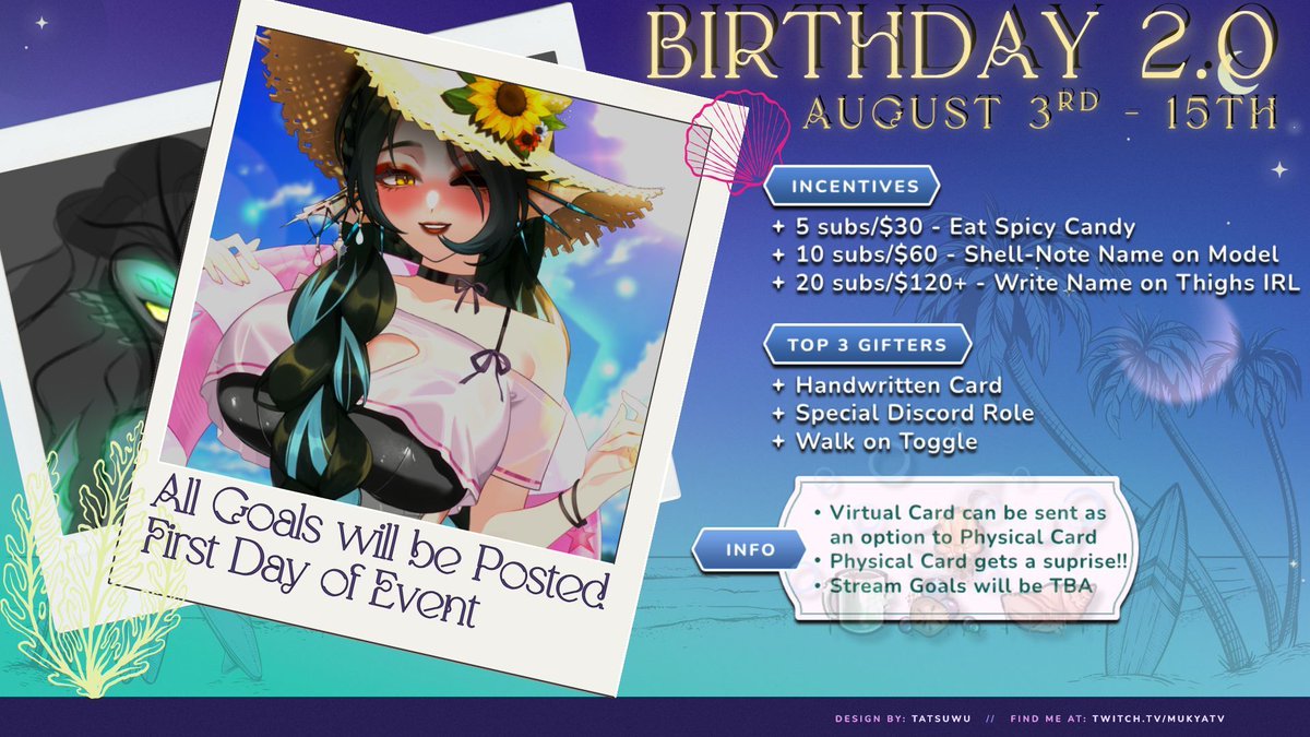 MukyaVT's tweet photo. ‼️ 2.0 BIRTHDAY EVENT FOR THE CAFE‼️ 

I'm so excited to talk about the big birthday event I'll be starting!! 
I'll be celebrating my Birthday with my community, my friends and raising money for my 2.0 design & rigging!!

This will be MY first model. 
Not tied to a company/agency
Not tied to someone wanting to change me & who I am as Mukya
Just me. My Lore. My idea. 

I hope you will join for something tasty
Something Fun
And Hopefully all the Siren tears...
⌛️ August 3rd - 14th
📅 Monday - Friday 
🕖️ @ 7/8pm