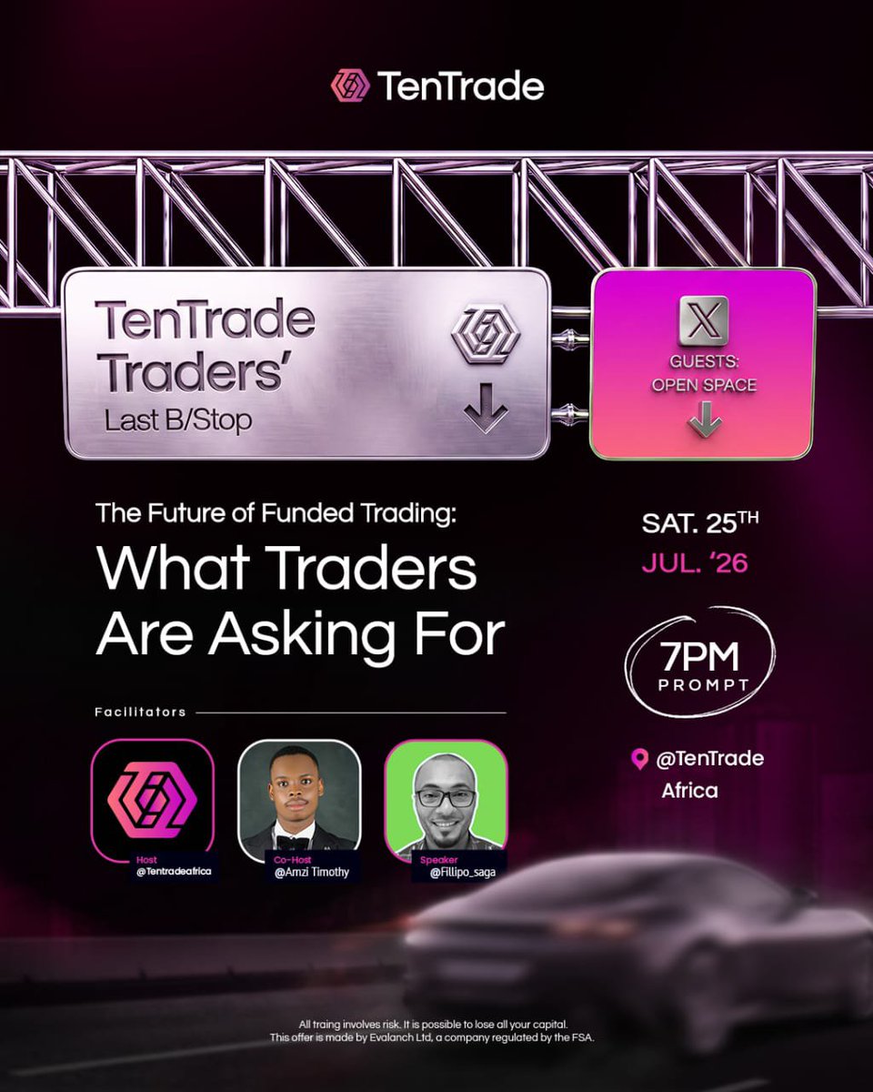Tentradeafrica's tweet photo. Don't miss the conversation. Be there.
Set your reminder and join us by 7 PM (WAT).
https://t.co/PlA3Q27CrJ
#tentrade #fundedtrader #tradingcommunity #forexafrica #tradingevent https://t.co/Zsnv6niDvt
