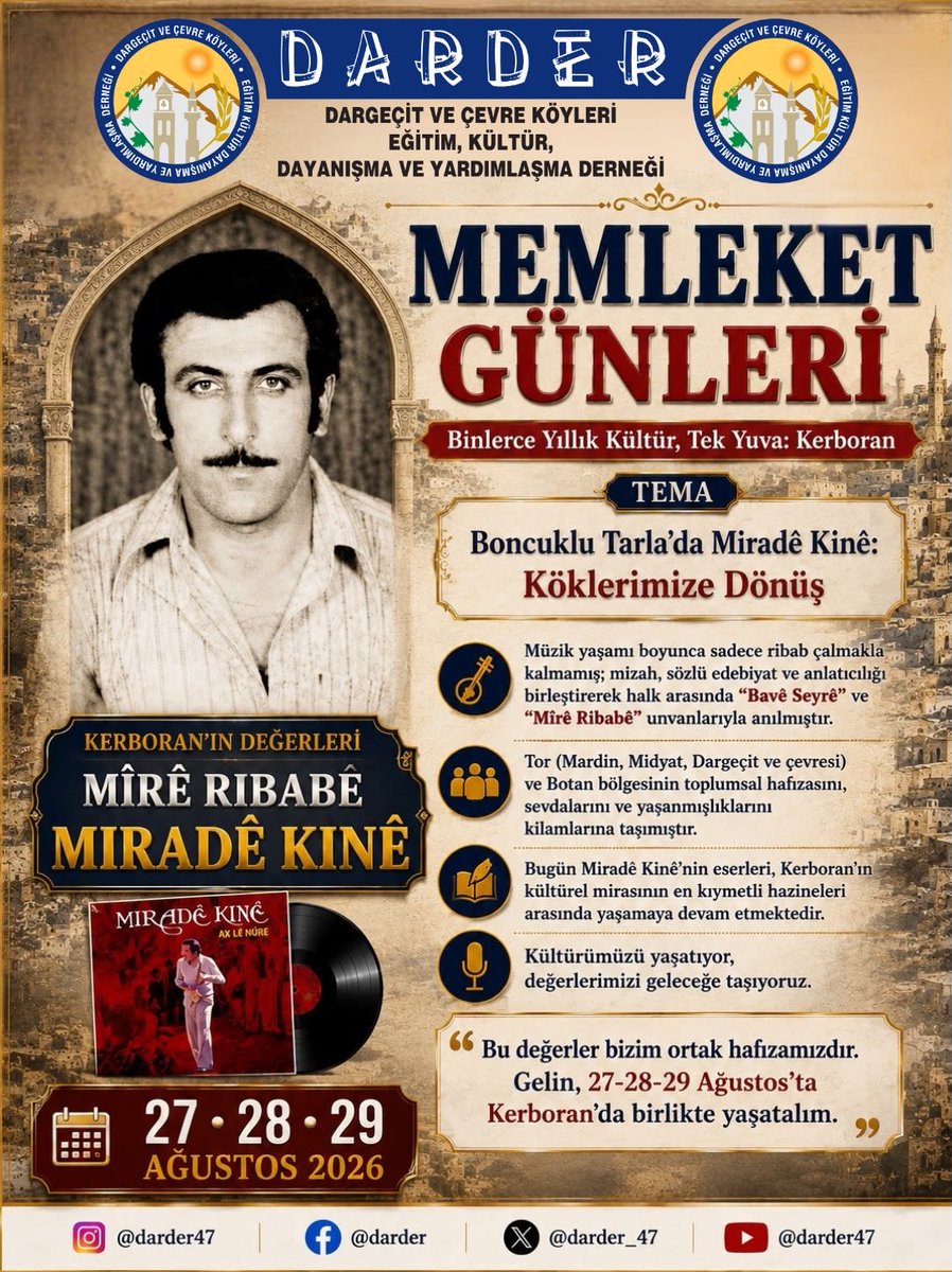 darder_47's tweet photo. Boncuklu Tarla’da Miradê Kinê:
Köklerimize Dönüş
MÎRÊ RIBABÊ MIRADÊ KINÊ

Müzik yaşamı boyunca sadece ribab çalmakla kalmamış; mizah, sözlü edebiyat ve anlatıcılığı birleştirerek halk arasında “Bavê Seyrê” ve “Mîrê Ribabê” unvanlarıyla anılmıştır. https://t.co/0T9ynSTRwU