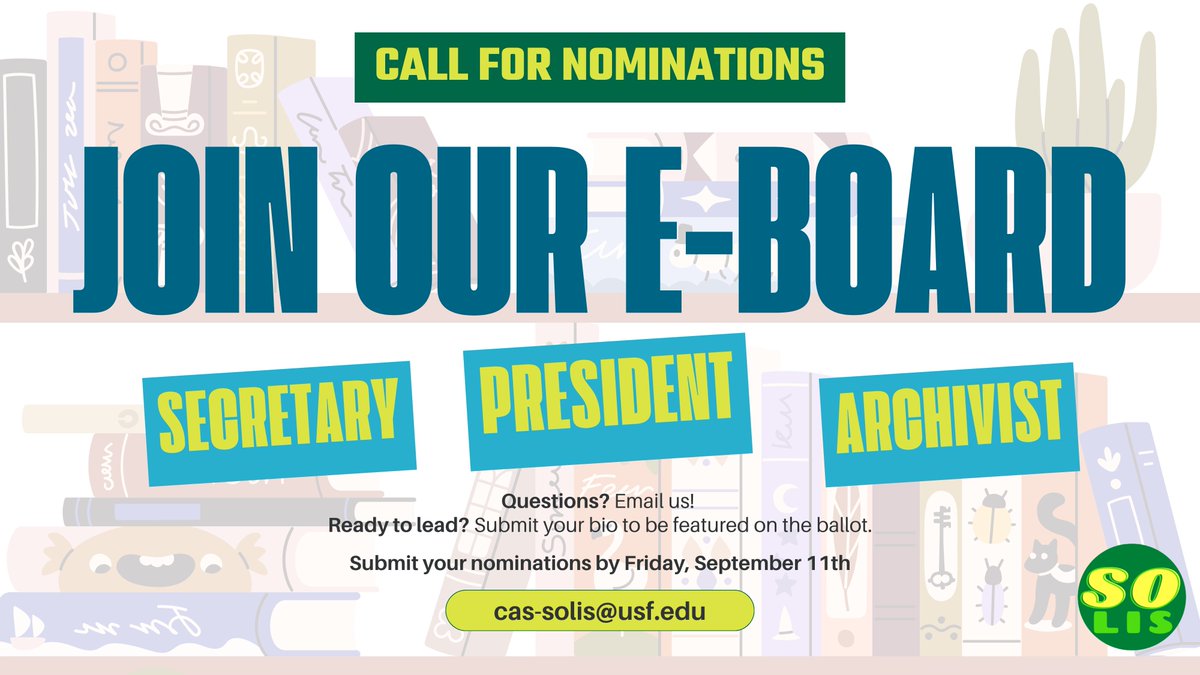 SOLISUSF's tweet photo. Due to unexpected vacancies, we are calling a Special Election to complete our Executive Board!  Open positions are: President, Secretary, and Archivist. Email cas-solis@fiu.edu for questions or submit bio to be added to the ballot by Friday, September 11th. https://t.co/C5VdqcqhSt