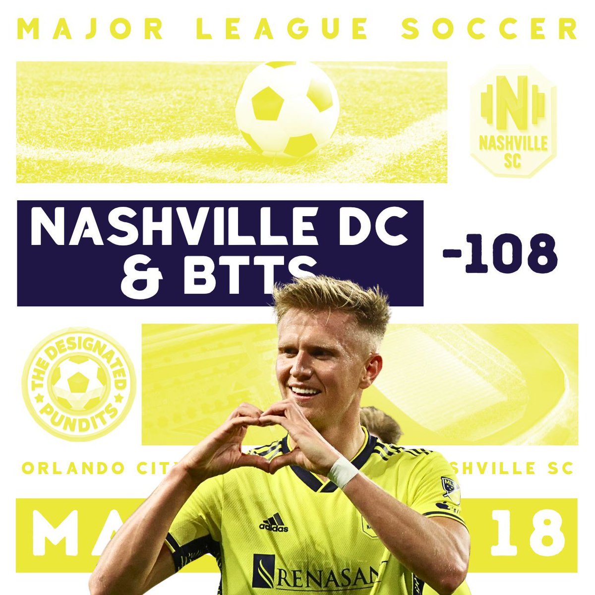 BobVSoccer's tweet photo. Nashville plays in Orlando in what I think is going to be a fun match.  Nashville has the advantage for me, so I am pairing their win or draw with both teams scoring.

At -108 I think this pairs safely while still playing at near even money. 
#NashvilleSC #MLS #MLSbets https://t.co/UVj9zcYfAr