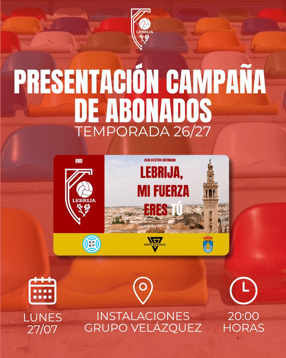 CAAntoniano's tweet photo. PRESENTACIÓN CAMPAÑA DE ABONADOS 26/27

La campaña de abonados ya está aquí y queremos compartirla contigo.

📅 𝗟𝘂𝗻𝗲𝘀, 𝟮𝟳 𝗱𝗲 𝗷𝘂𝗹𝗶𝗼
🕗 𝟮𝟬:𝟬𝟬 𝗵𝗼𝗿𝗮𝘀
📍𝗜𝗻𝘀𝘁𝗮𝗹𝗮𝗰𝗶𝗼𝗻𝗲𝘀 𝗱𝗲𝗹 𝗚𝗿𝘂𝗽𝗼 𝗩𝗲𝗹𝗮𝘇𝗾𝘂𝗲𝘇

No te pierdas la presentación y entérate de todo. Porque este club se construye entre todos. ❤️🤍

LEBRIJA, MI FUERZA ERES TÚ