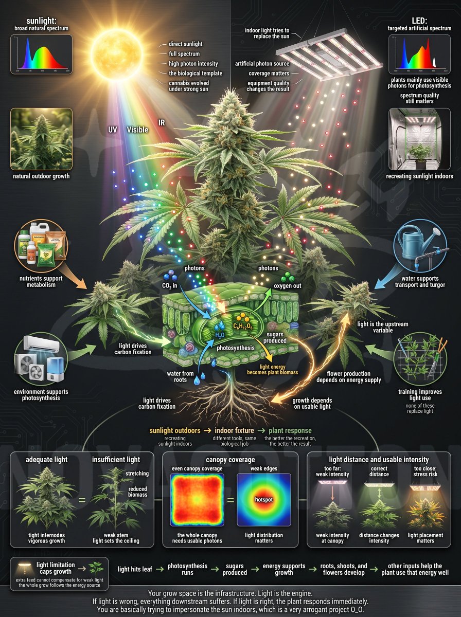 nova2cotton's tweet photo. LIGHT 101 O_O

If your grow space is the infrastructure, light is the engine. Everything else you do as a grower nutrients, watering, environment, training exists to support what light is actually doing.

Get light wrong and nothing else can compensate for it. Get it right and your plants will tell you immediately.

Cannabis is a sun plant. It evolved under direct, intense, full spectrum sunlight. Indoor growing is an attempt to recreate what the sun does. Understanding how well different equipment achieves that gives you a framework for every lighting decision you’ll ever make.