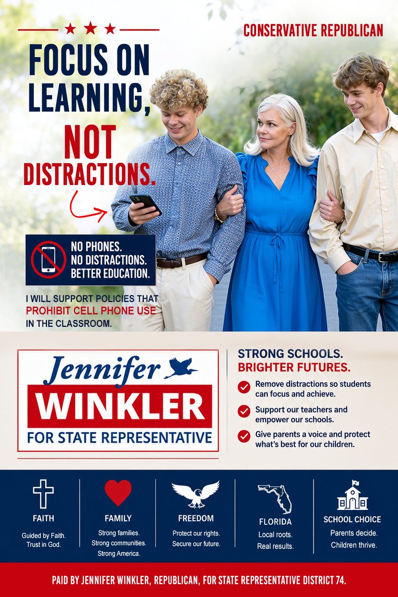 JWforflorida's tweet photo. Every child deserves a classroom where learning comes first.
Reducing classroom distractions helps students succeed, supports teachers, and strengthens Florida's future.
Learn more:
https://t.co/iQr6RJLem1 https://t.co/KesHEmGyWl