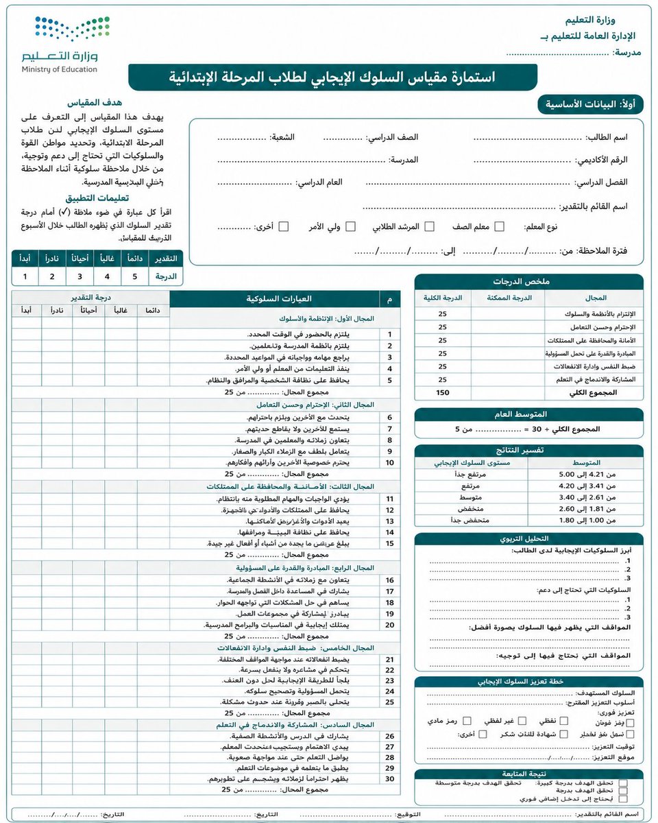 MukhtarDeira's tweet photo. استمارة مقياس السلوك الإيجابي لطلاب المرحلة الابتدائية
#تثقيف_مهني_تعليمي https://t.co/7rHds7GjfM