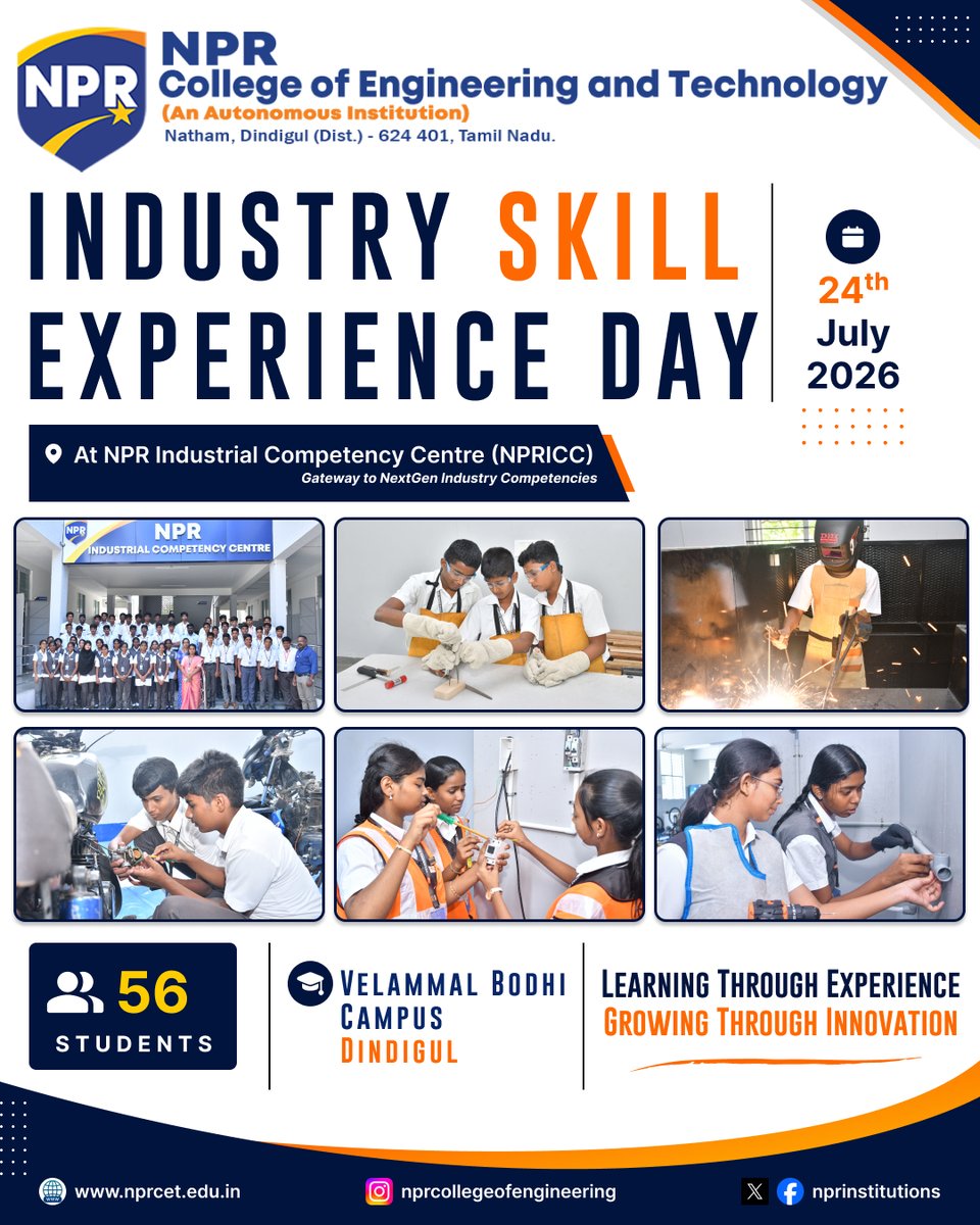 nprinstitutions's tweet photo. Igniting career visions through hands-on learning! Over 100 students from Velammal Bodhi Campus & Om Shanthi CBSE explored advanced engineering work zones during our Industry Skill Experience Day at NPRICC on July 24, 2026. βοΈπ§π
#NPRCET #NPRICC #HappyMindsHappyCampus https://t.co/X63iIDP3jl