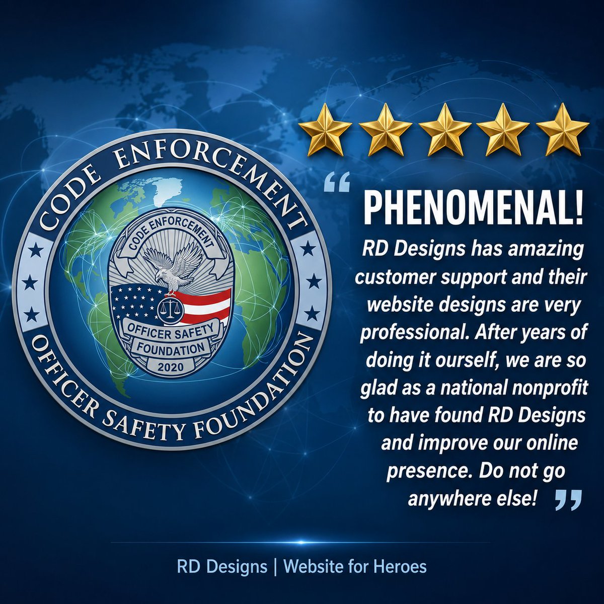 RD_Designs_LLC's tweet photo. Your mission deserves a website that works as hard as you do.

We’re honored that Code Enforcement Officer Safety Foundation trusted RD Designs | Websites for Heroes to bring their vision to life with a fully designed and managed website.

https://t.co/4wTZGmCwNZ https://t.co/M70xM86yQr