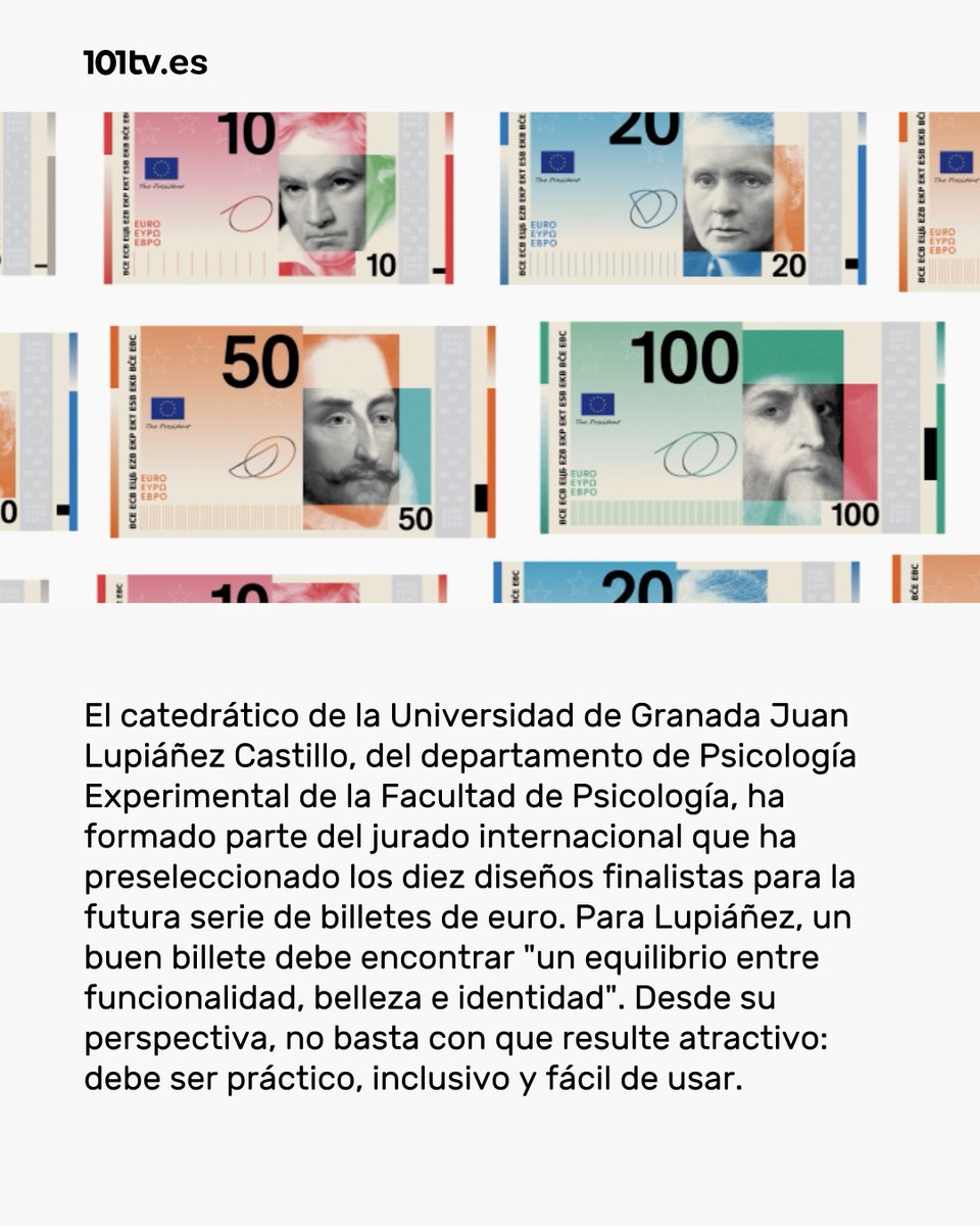 101tvGranada's tweet photo. 🧑🏻‍🎓💵¿Cómo se hace un buen billete? Un catedrático granadino, en el jurado que preseleccionará los euros del futuro

📲Más información en https://t.co/n9cloVmYmZ

#Billete #Euro #UGR #UniversidadGranada https://t.co/S21FC7a6cf