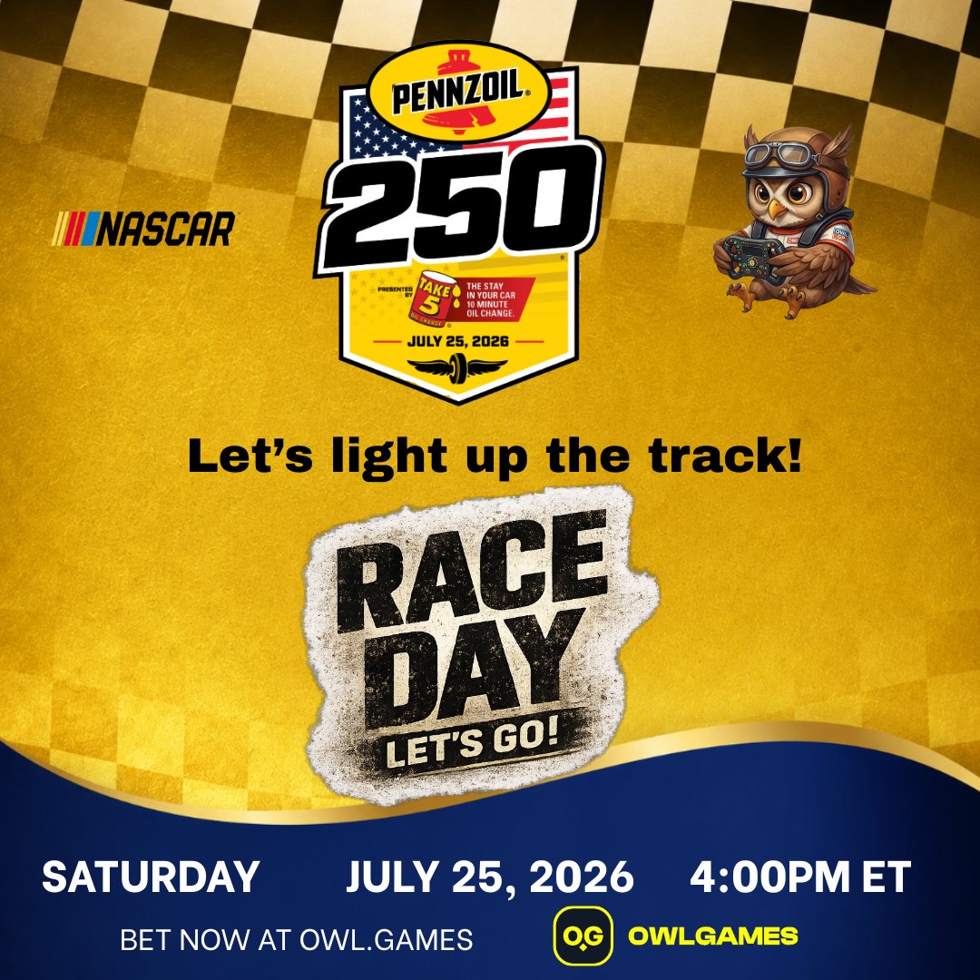 OWLDAOio's tweet photo. 🏁🔥 NASCAR Pennzoil 250 – Race Day!

It's time for one of the biggest races on the NASCAR Xfinity Series calendar as the Pennzoil 250 presented by Take 5 Oil Change takes over the legendary Indianapolis Motor Speedway.

📍 Indianapolis Motor Speedway – Indianapolis, Indiana
📅 Saturday, July 25
🕓 Green Flag: 4:00 PM ET
👀 What to Watch
🏆 One of the crown-jewel events of the Xfinity Series, where rising stars battle seasoned veterans for the chance to "Kiss the Bricks" at the iconic Yard of Bricks.

⚡ Before the race, drivers will fight for track position during qualifying, making every lap count on one of motorsport's most historic venues.

🏎️ With the NASCAR Cup Series in Indianapolis for Brickyard Weekend, expect an electric atmosphere as the future stars of the sport compete on one of racing's biggest stages.

Who will conquer Indy and earn one of the most memorable celebrations in NASCAR? 🏁

🎯 Make your race-day picks and enjoy the action at https://t.co/bHvB2rUlli.

#NASCAR #Pennzoil250 #XfinitySeries #BrickyardWeekend #Indianapolis #Motorsports #OwlGames
