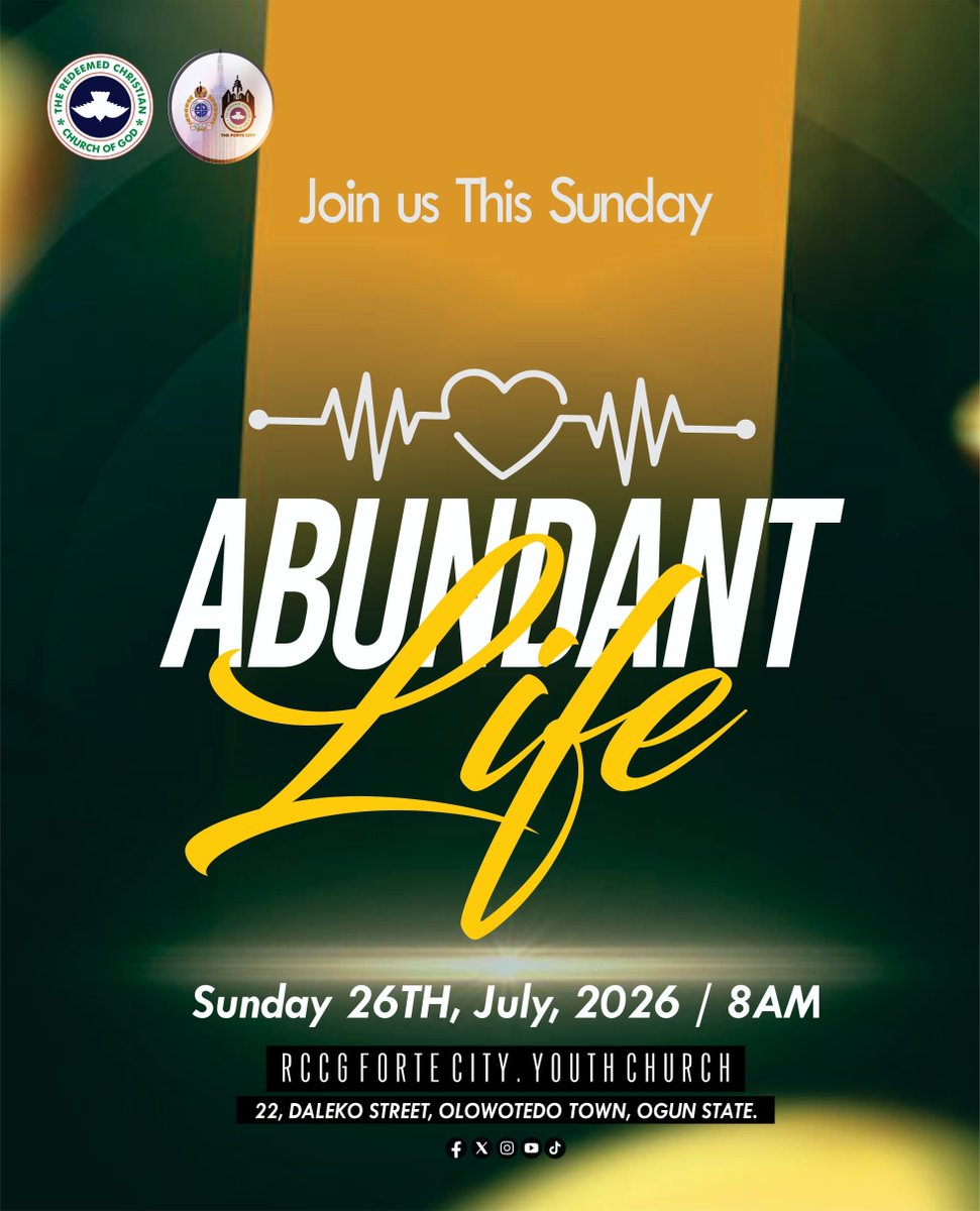 RccgFortecity's tweet photo. Don't let someone else tell you how amazing the service was. 

The Abundant Life series is still on, and this Sunday's edition promises another fresh encounter with God.

Whether you've attended every week or this will be your first time, there's room for you.

Come as you are. https://t.co/sA7k6dPeqG