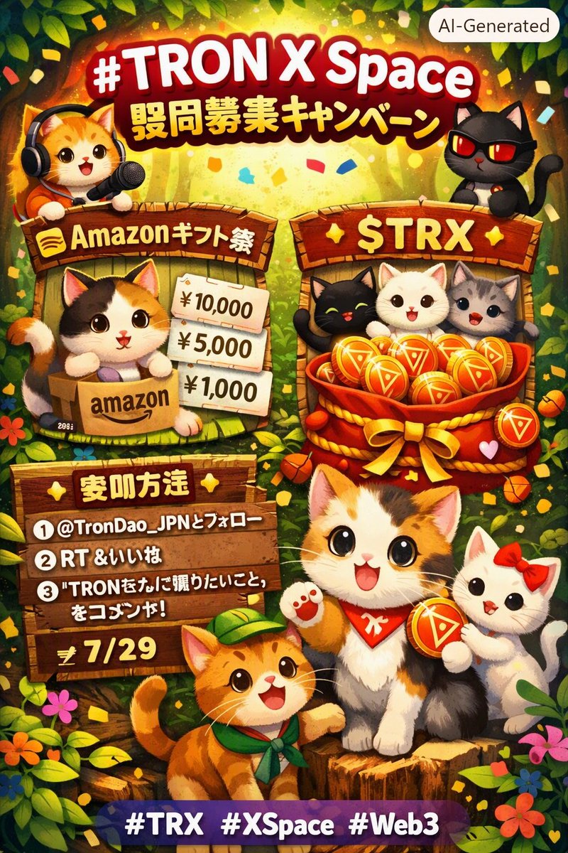 tomolamy0605's tweet photo. 🐾 #TRON X Space 質問募集 #キャンペーン
TRONの森にゃんこたち集合〜！😺🌳

気になることをコメントすると、豪華プレゼントが当たるにゃ🎁🎁

 #Amazonギフト券
💳 10,000円 ×1名（にゃんと大当たり枠）
💳 5,000円 ×2名
💳 1,000円 ×10名🎁

 $TRX
🪙 400 TRX ×1名
🪙 200 TRX ×3名

【参加方法】
① @TronDao_JPN をフォロー
② 引用先RT＆いいね
③ 引用先コメントで「TRONについて知りたいこと」を投稿🐱💬

〆 7/29

#TRONGlobalFriends  #TGF
@justinsuntron @trondao @TronDao_JPN