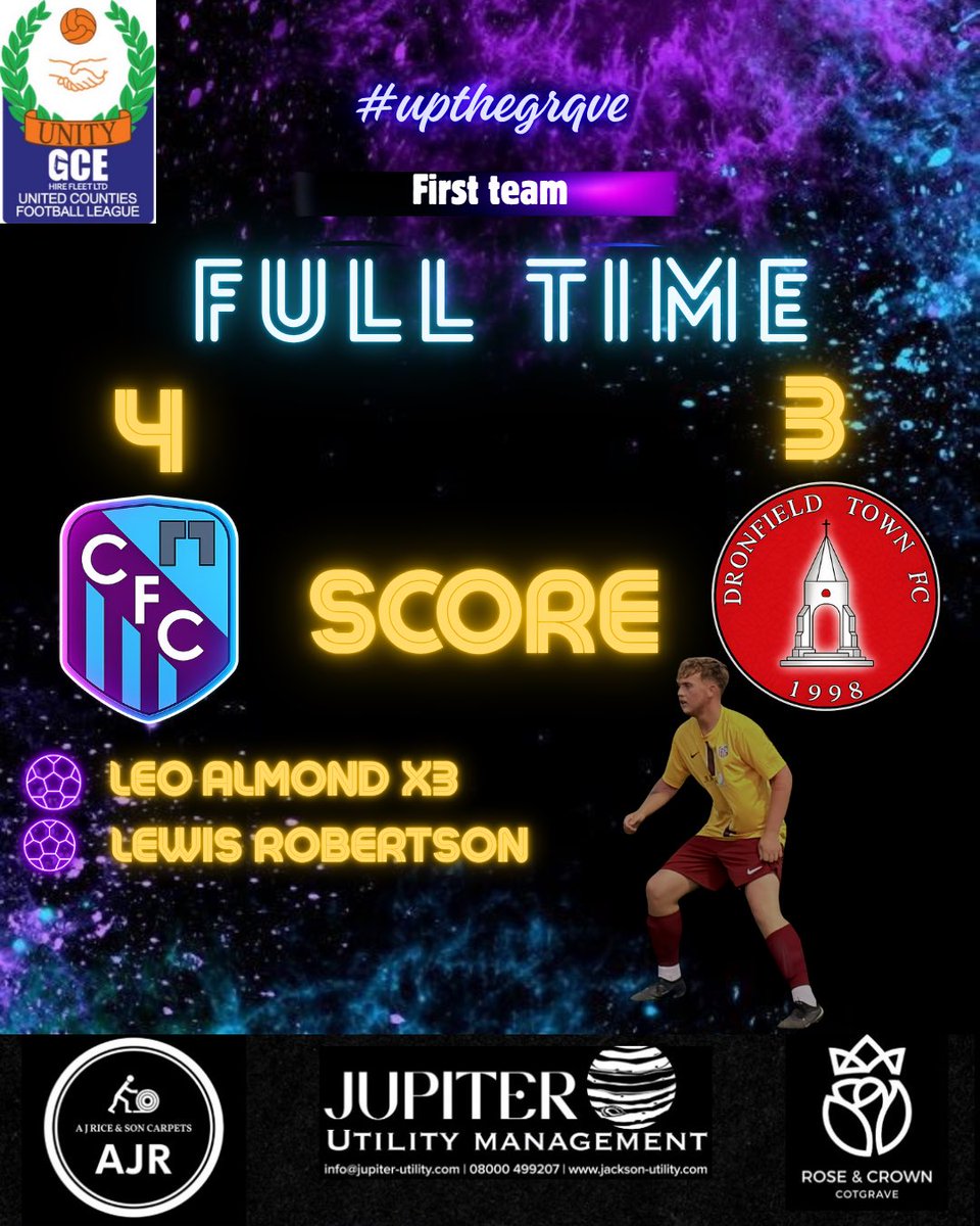 cotgrave_senior's tweet photo. Full time for the First team! 

A event filled game filled with goals⚽️

A hat-trick from Leo Almond ⚽️⚽️⚽️
A penalty from Lewis Robertson⚽️

A very promising start to the season✅
A success first match in step 6✅ 
A brilliant turn out from the village to support and celebrate the clubs 80th anniversary ✅

Thank you to our sponsor Jupiter Utility Management!