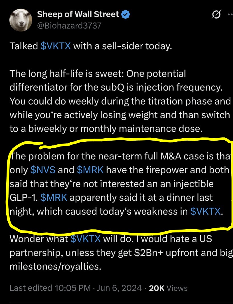 Blowingchucks's tweet photo. $VKTX Sounds like $MRK perhaps. https://t.co/30OKIhVK7t