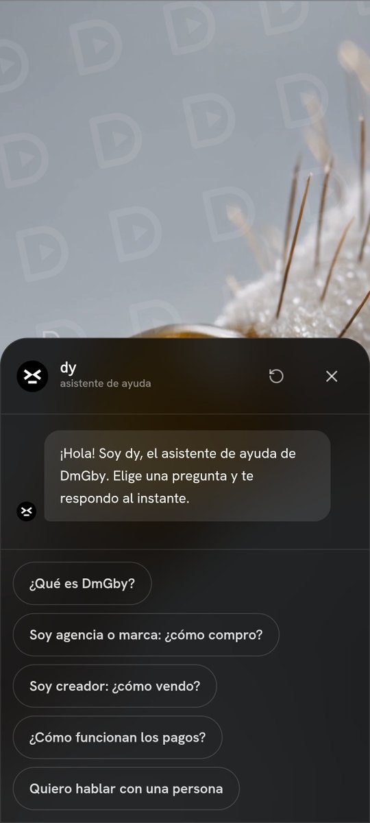 _dmgby's tweet photo. Nueva actualización en DmGby 🔥

Presentamos a **dy**, nuestro asistente de ayuda.

Ahora puedes resolver dudas al instante:
• ¿Qué es DmGby?
• Cómo comprar (agencias y marcas)
• Cómo vender (creadores)
• Cómo funcionan los pagos
• Y si necesitas, hablar con una persona real

Todo desde la app. Más simple, más rápido.

Pruébalo y cuéntanos qué te parece 👇
#DmGby #MarketingSensorial