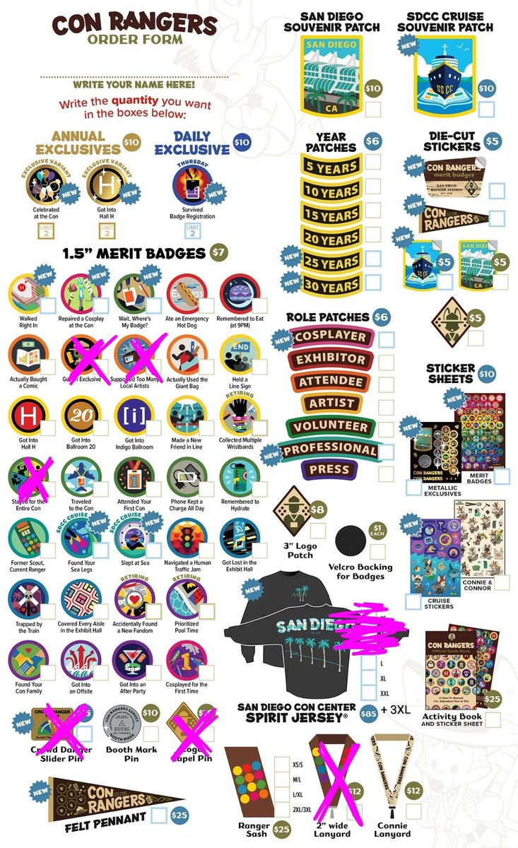 theconrangers's tweet photo. Stock update for this lovely #SDCC2026 Saturday, rangers! A few badges, our 2" wide lanyards, our crowd danger pins spirit jerseys! We will restock online for most of these! https://t.co/lXsQX1cbq6