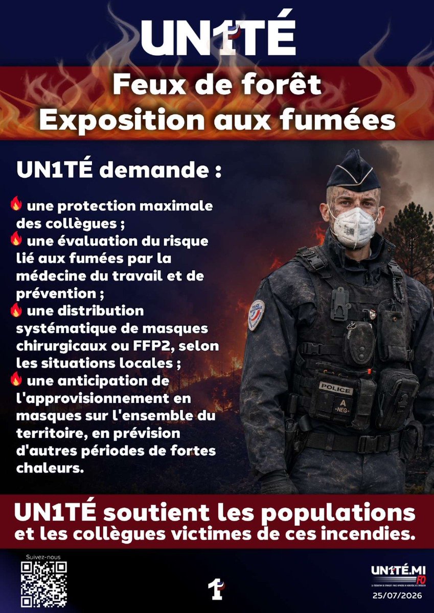 UN1TE_policenat's tweet photo. Feux de forêt

Exposition aux fumées

UN1TÉ demande :

une protection maximale des collègues ;
une évaluation du risque lié aux fumées par la médecine du travail et de prévention ;
une distribution systématique de masques chirurgicaux ou FFP2, selon les situations locales ;
une anticipation de l'approvisionnement en masques sur l'ensemble du territoire, en prévision d'autres périodes de fortes chaleurs.

UN1TÉ soutient les populations et les collègues victimes de ces incendies.

#UN1TÉ #incendies