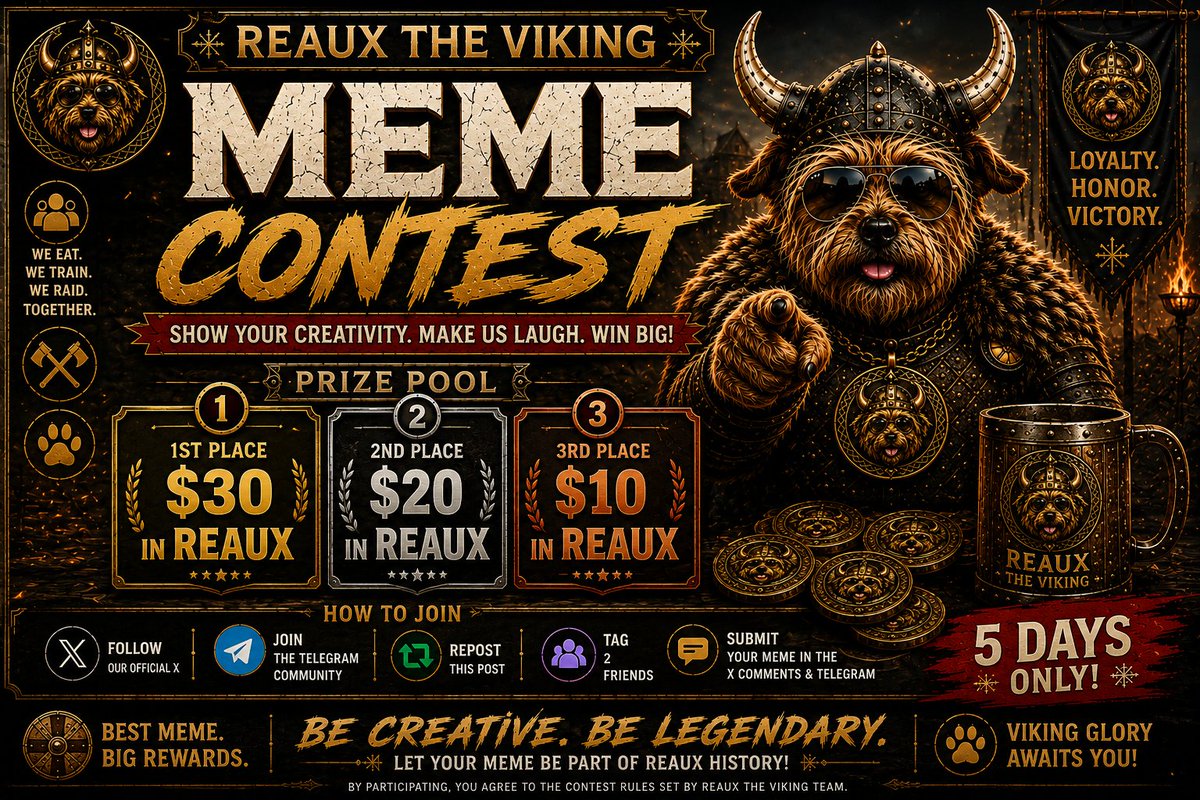 Ab15615Olagunju's tweet photo. ⚔️🐺 VIKINGS, THE MEME CONTEST ENDS IN 1 DAY! 🐺⚔️
This is your last chance to enter the Reaux the Viking Meme Contest and show us your creativity! 🎨🔥
Create your best Reaux-themed meme, follow the contest rules, and submit your entry before the deadline.
⏰ 1 DAY LEFT — DON'T MISS THE RAID!
🐺 X: https://t.co/grZngCNKBV⁠�
💬 Telegram: https://t.co/MyuAPmkN6a⁠�
📜 CA: 6TcrGPAiDLJ7zoQUwaB94etVJnFU2Bx9473SvtwDpump
The final raid is upon us. Who will claim victory? ⚔️🔥
#REAUX #ReauxTheViking #MemeContest #Solana #Crypto #Memecoin #Web3