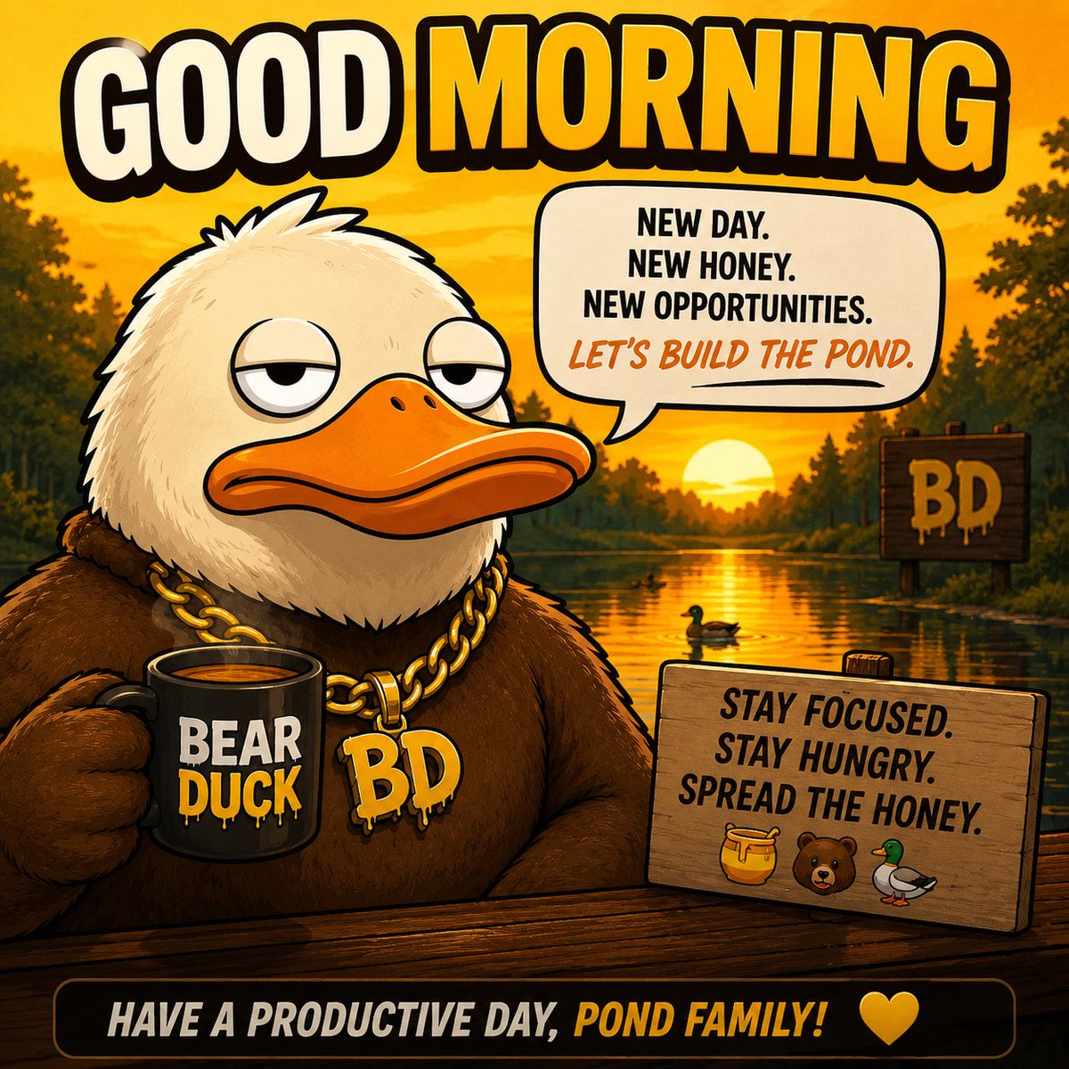 Bearduckcoin's tweet photo. Good morning from the pond. ☀️

New day. New memes. New goals.

We’re just getting started, and we’re building this together.

🐻🦆🍯

#bearduck #memecoin #crypto https://t.co/4v4sNKYfS2