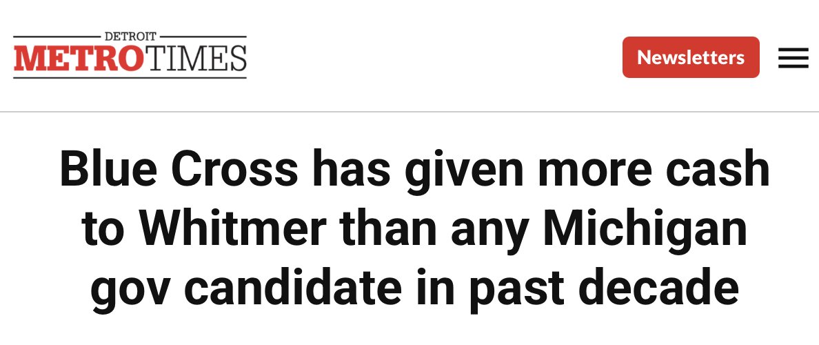 davidsirota's tweet photo. Whitmer is the daughter of the former longtime CEO of health insurance giant Blue Cross &amp; she's been bankrolled by Blue Cross. 

Her endorsing against the pro-Medicare For All candidate Abdul El-Sayed is extremely on brand. 

This is corporate power trying to protect its power. https://t.co/VZ3v5BIKUt
