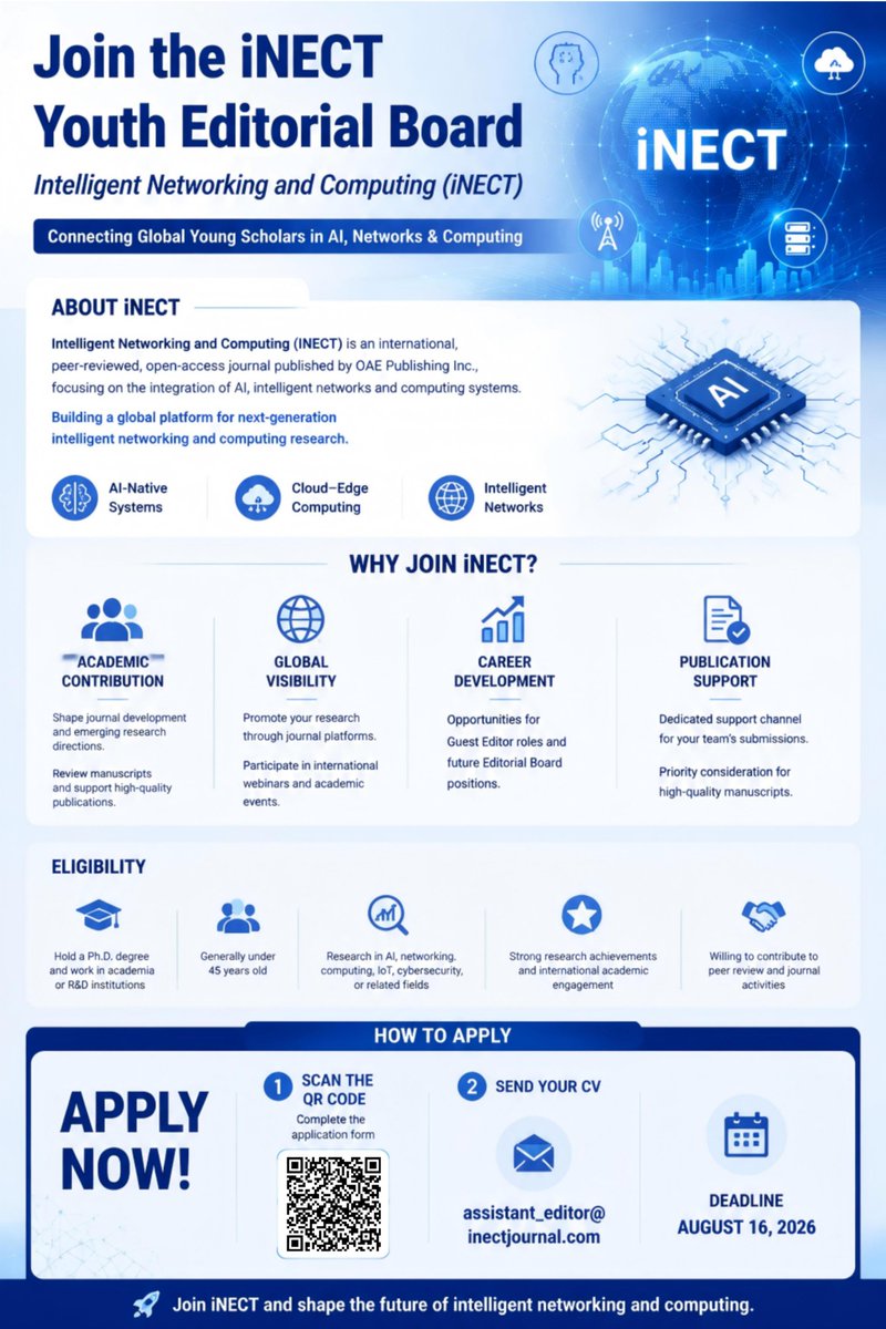 OAE_INECT's tweet photo. 📢Call for Youth Editorial Board Members
✅Complete the form via QR code
OR Submit your CV to: assistant_editor@inectjournal.com
#YouthEditorialBoard #EditorialBoardRecruitment #AI #Networking #Computing #ComputerScience #OpenAccess #YoungResearchers #AcademicPublishing https://t.co/MVVcWSv40e