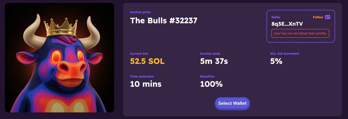 nebb_1's tweet photo. Looks like I was right

The Current Highest Bid on the 1st King Bull from the Bullpen Collection revolving around solana:9cRCn9rGT8V2imeM2BaKs13yhMEais3ruM3rPvTGpump is 52.5 SOL

2x higher than its original 25 SOL bid from a few hours ago

We are witnessing cinema right now with @Kingansem_ & @notchrishk battling it out for the 1st King Bull

Who do you think wins the auction?