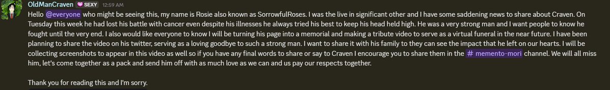 OldManCraven's tweet photo. Hello everyone this is Rosie Craven's partner, I have an update with some sad news. My partner has lost his fight with cancer, I am turning this twitter into a memorial page for him. Thank you to everyone who has stuck around through these health updates. Rip, my dear wolf. https://t.co/ddhgNenJ1k