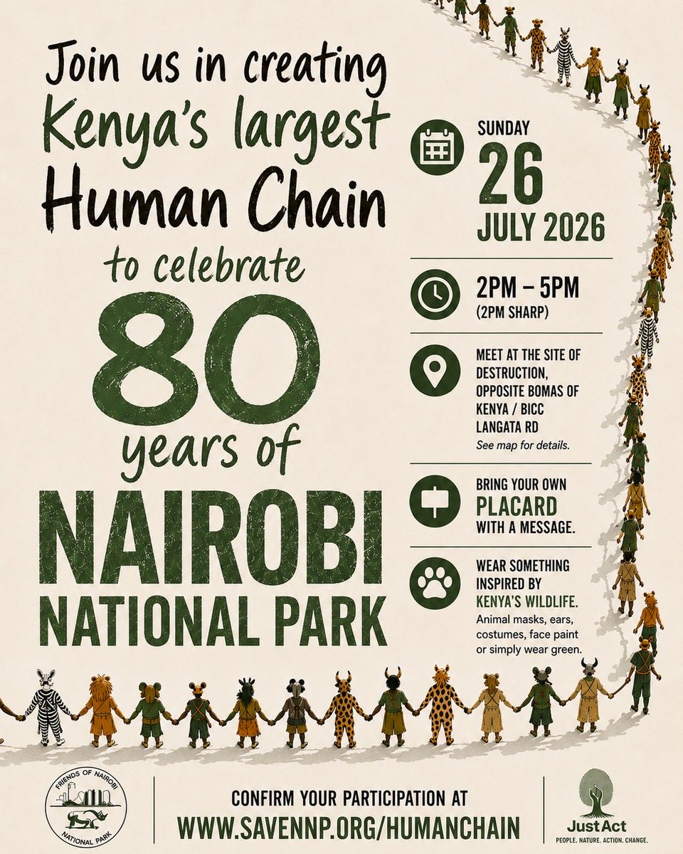 irunguhoughton's tweet photo. Tomorrow 26 July 2026, 2pm.
Join @FoNNaPKenya and celebrate 80 years of the world’s only park in a city. #SaveNNP #NationalParkNotCarPark https://t.co/fHwasUUZNW