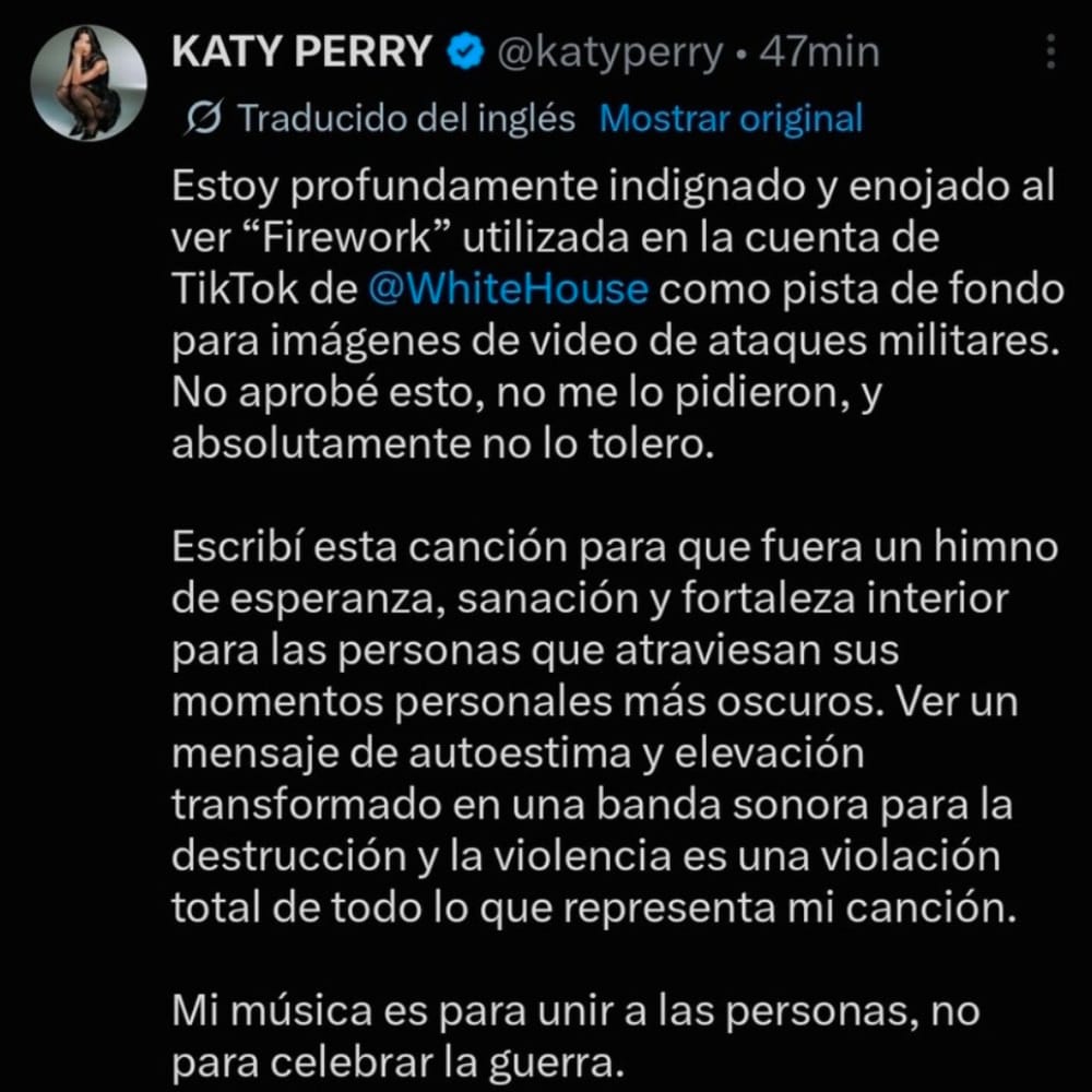 EnsedeCiencia's tweet photo. 🚨| Katy Perry: ¡Mi música es para unir a las personas, no para celebrar la guerra!
Katy Perry condenó públicamente el uso de su éxito "Firework" en un video de la cuenta de la Casa Blanca con imágenes de ataques militares. https://t.co/etNhEPRZdz
