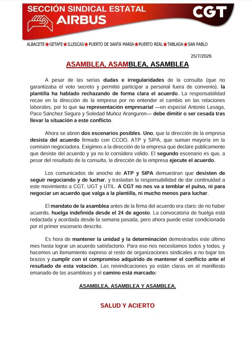 MaestroAngeles's tweet photo. Comunicado de CGT - Airbus tras el resultado de la votación que rechaza el acuerdo de algunos sindicatos con la dirección. La asamblea de trabajadores manda. https://t.co/FUlT3WVbB5