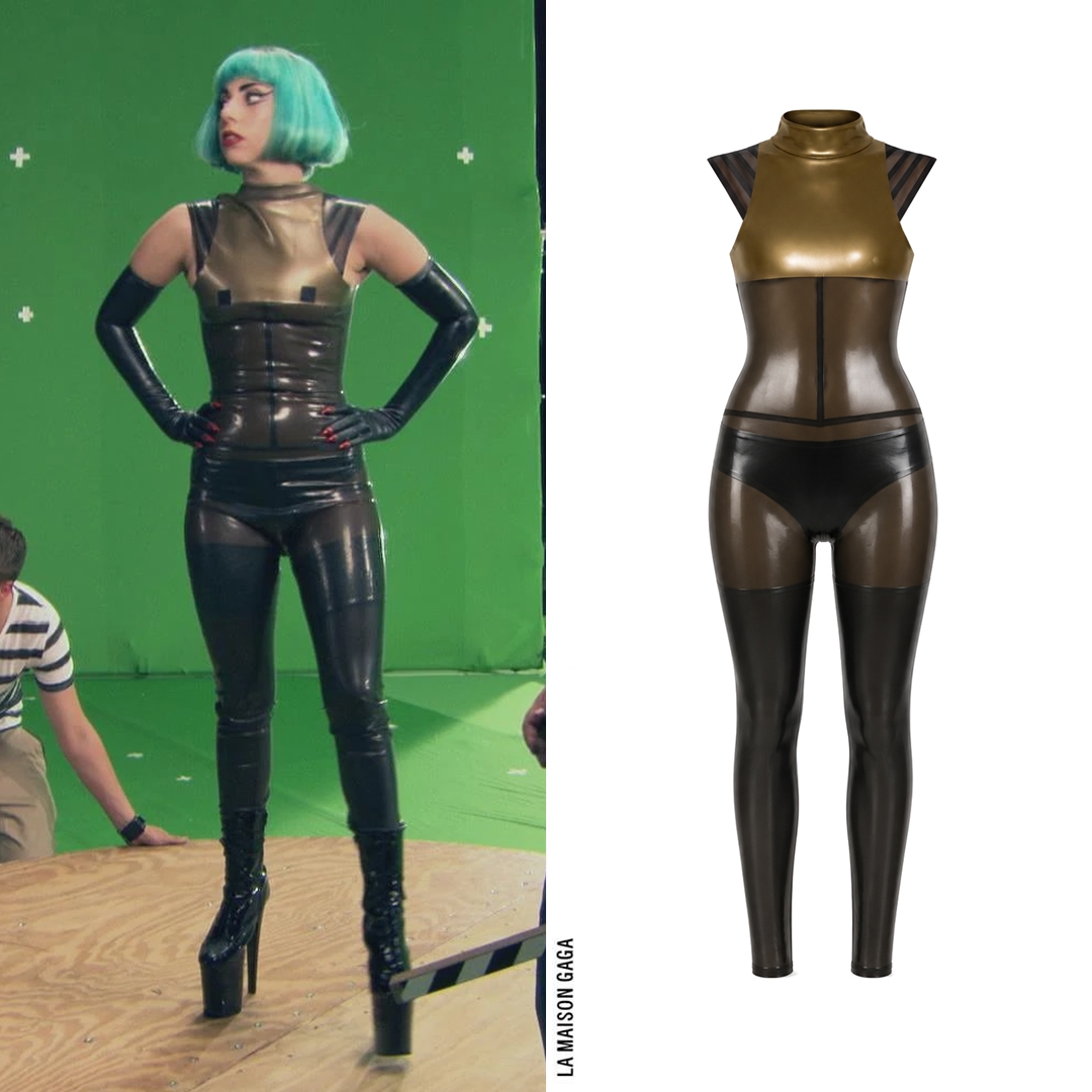 lamaisongaga_'s tweet photo. The second @RTL_com look shows Gaga in a custom-made futuristic bronze and black latex sleeveless catsuit with #VoidofCourse custom long latex gloves and @PleaserShoes "Xtreme-1020" boots. https://t.co/evcldurnnR