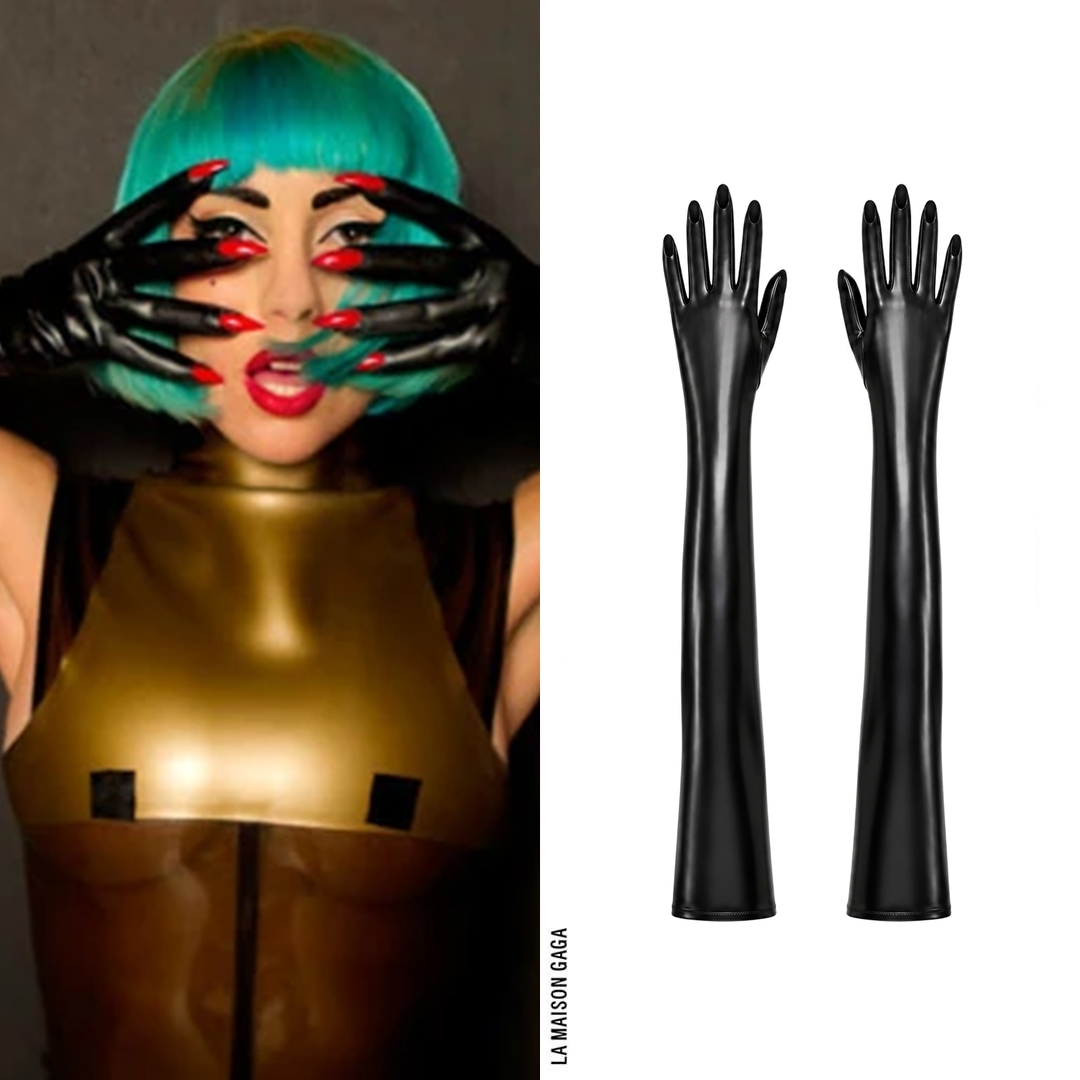 lamaisongaga_'s tweet photo. The second @RTL_com look shows Gaga in a custom-made futuristic bronze and black latex sleeveless catsuit with #VoidofCourse custom long latex gloves and @PleaserShoes "Xtreme-1020" boots. https://t.co/evcldurnnR