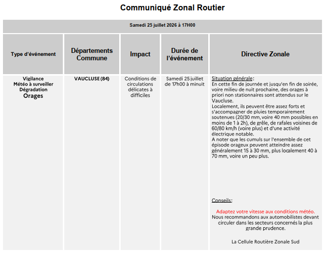 cezocsud's tweet photo. Communiqué zone Sud - vigilance météo à surveiller orages pour le département du Vaucluse (84) du samedi 25 juillet de 17h à minuit. https://t.co/9bjGYR7ITH