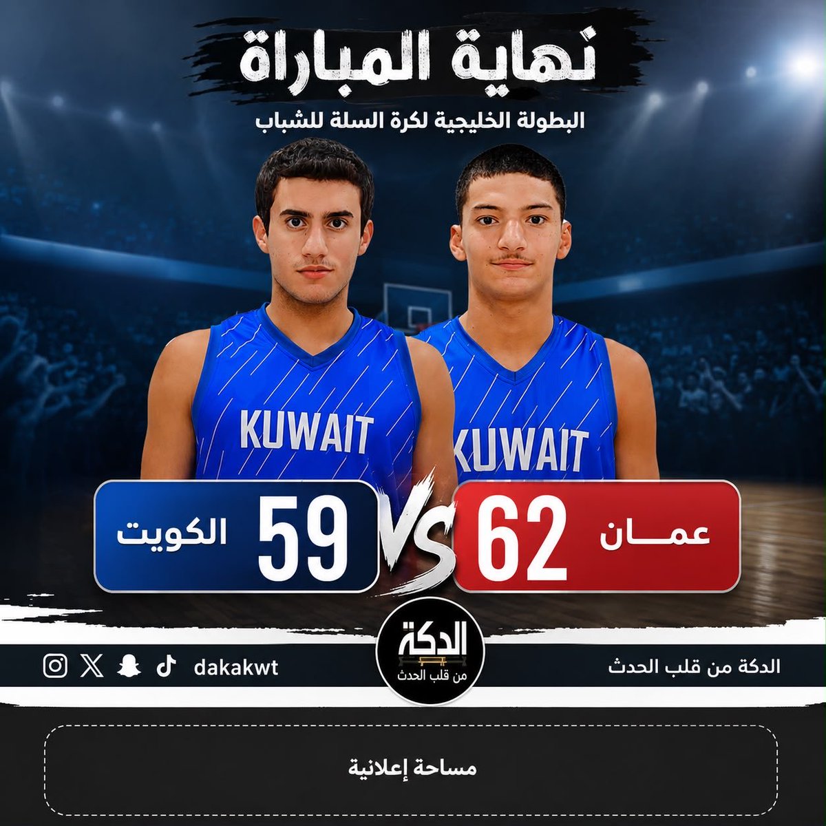 dakakwt's tweet photo. خسارة افتتاحية لأزرق السلة للشباب في البطولة الخليجية

استهل منتخب الكويت لكرة السلة للشباب تحت 18 عامًا مشواره في البطولة الخليجية المقامة في العاصمة القطرية الدوحة بخسارة أمام نظيره العماني بنتيجة 62-59، في افتتاح منافسات البطولة. https://t.co/Bpg45vEmY4