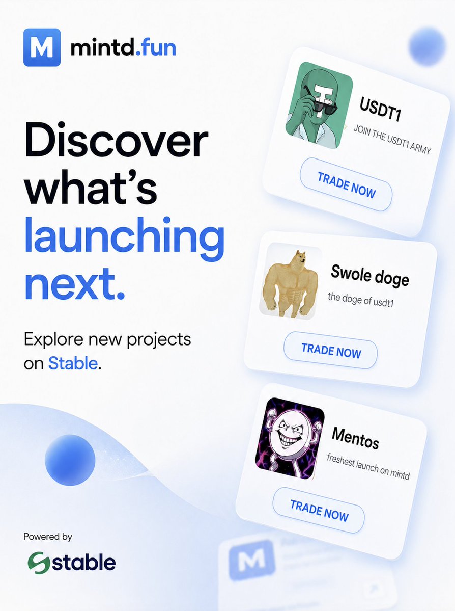 mintddotfun's tweet photo. some fresh launches popping up on @stable

$usdt1 army is forming (mintd endorsed)
$swoledoge is getting swole
$mentos is keeping it fresh

all live on https://t.co/eKi3G6RWVF

trade when you’re ready 🫡

https://t.co/eKi3G6RWVF https://t.co/7zJfPIIC0C
