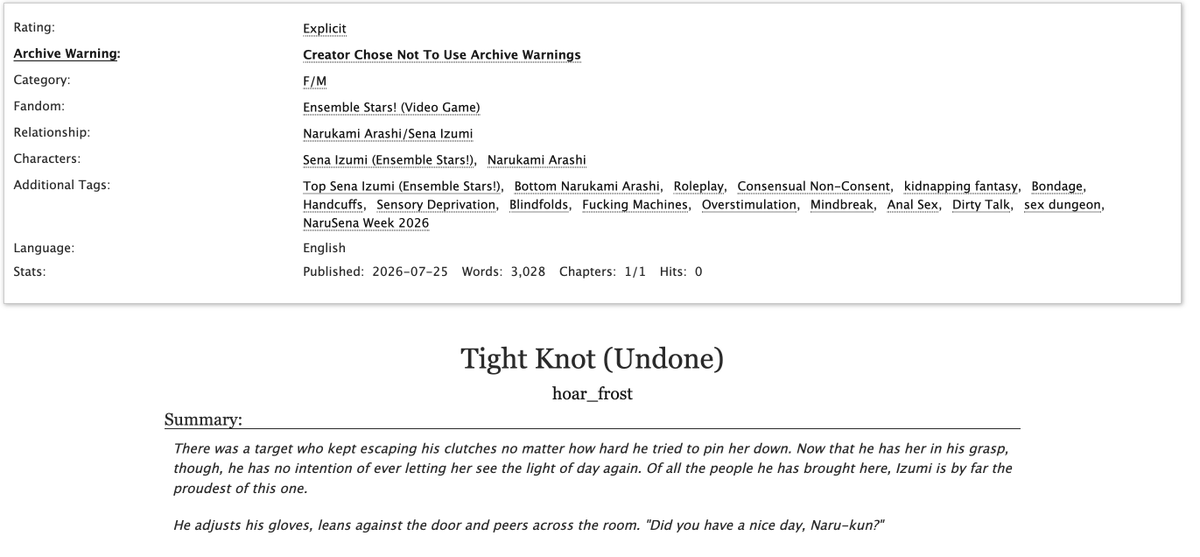 hoarfrost_fics's tweet photo. 🔞 #senanaru 
managed to get a fic out in time for #narusenaweek2026! kind of a graceful punishment/it's (k)not lov au but with a twist :)
https://t.co/yZLYaXtcoC https://t.co/GVKW2yZZJz