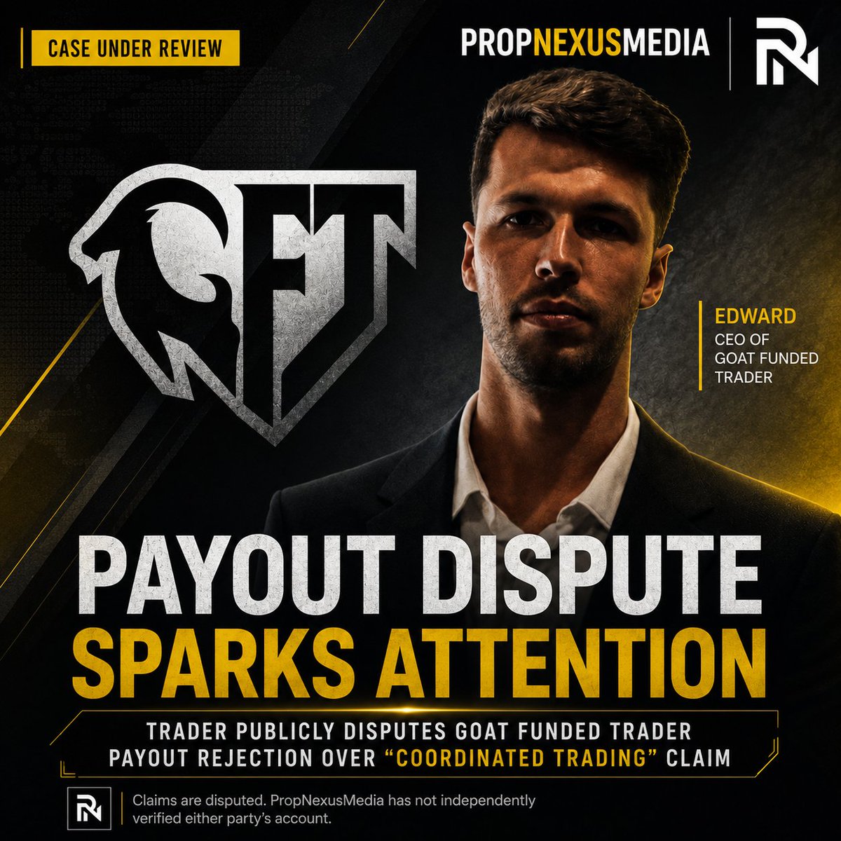 Propnexusmedia's tweet photo. 🚨 BREAKING: A trader says @GoatFunded rejected a $2,806.28 payout over alleged coordinated trading.
The trader disputes the findings, says an appeal has been filed, and claims they were removed from the firm's Discord.

@GoatFunded is welcome to provide further clarification. https://t.co/sPyQxeaGqG