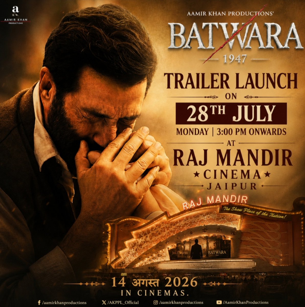 Iamdivyankkaus1's tweet photo. Finally The wait is over! 🔥
Sunny Deol's most-awaited upcoming film "Batwara 1947", presented by Aamir Khan Productions, is all set for its grand trailer launch.
Date: 28 July
Time: 3:00 PM Onwards
Venue: Raj Mandir Cinema, Jaipur
@iamsunnydeol https://t.co/CiPgM6Qe8x